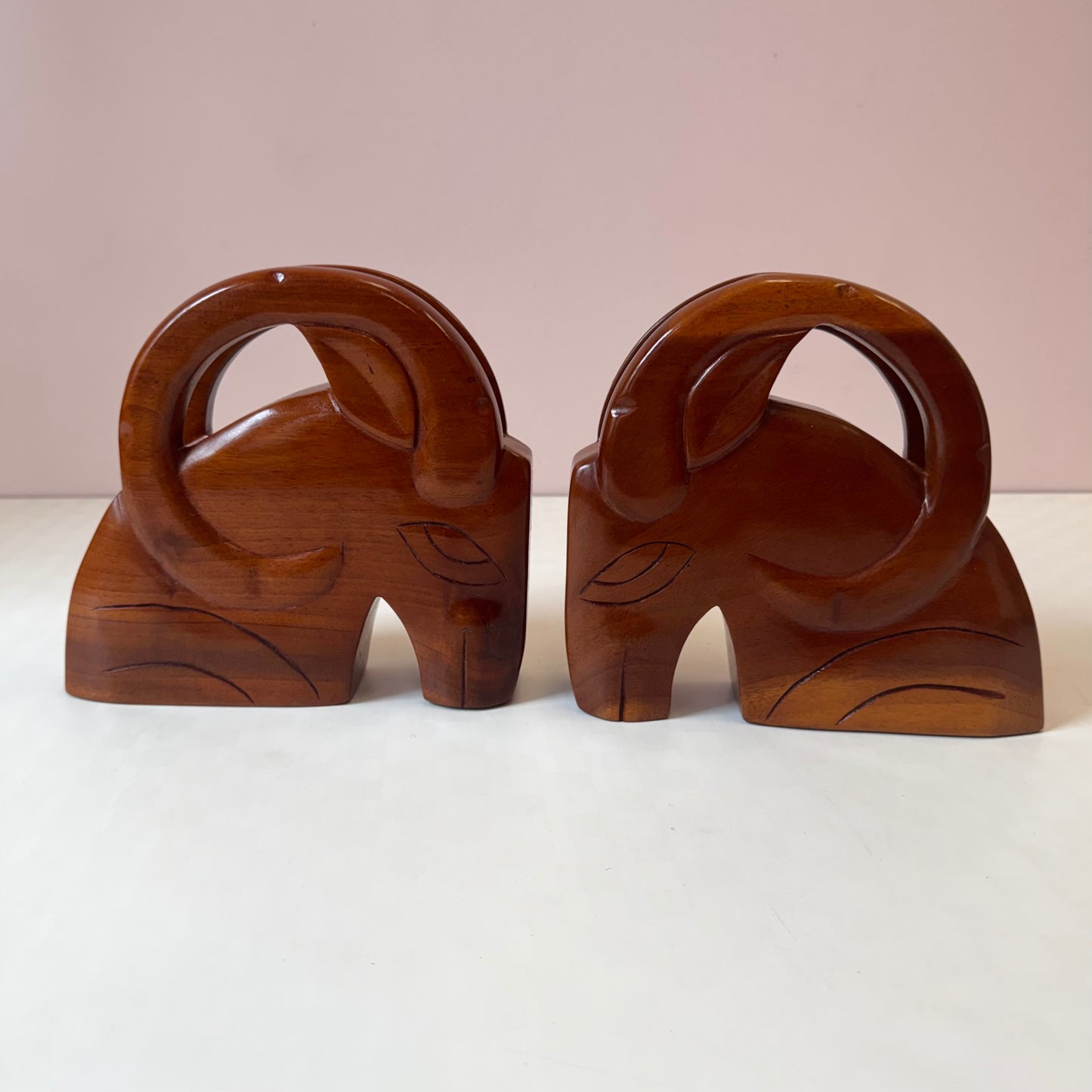 Vintage Mid-Century Pair of Solid Wood Ram Head Bookends