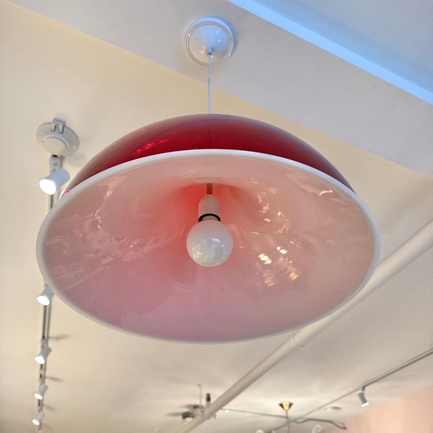Vintage Red and White Space Age Dome Pendant Light