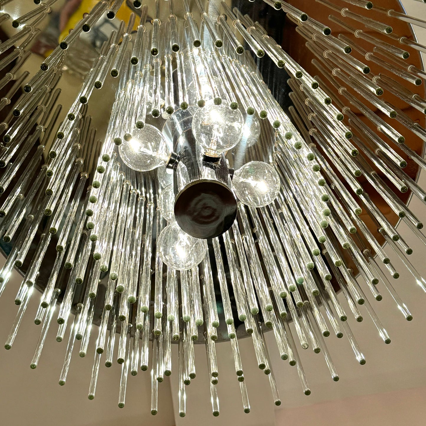 Mid Century Italian Glass Rod and Chrome Chandelier by Gaetano Sciolari for Lightolier