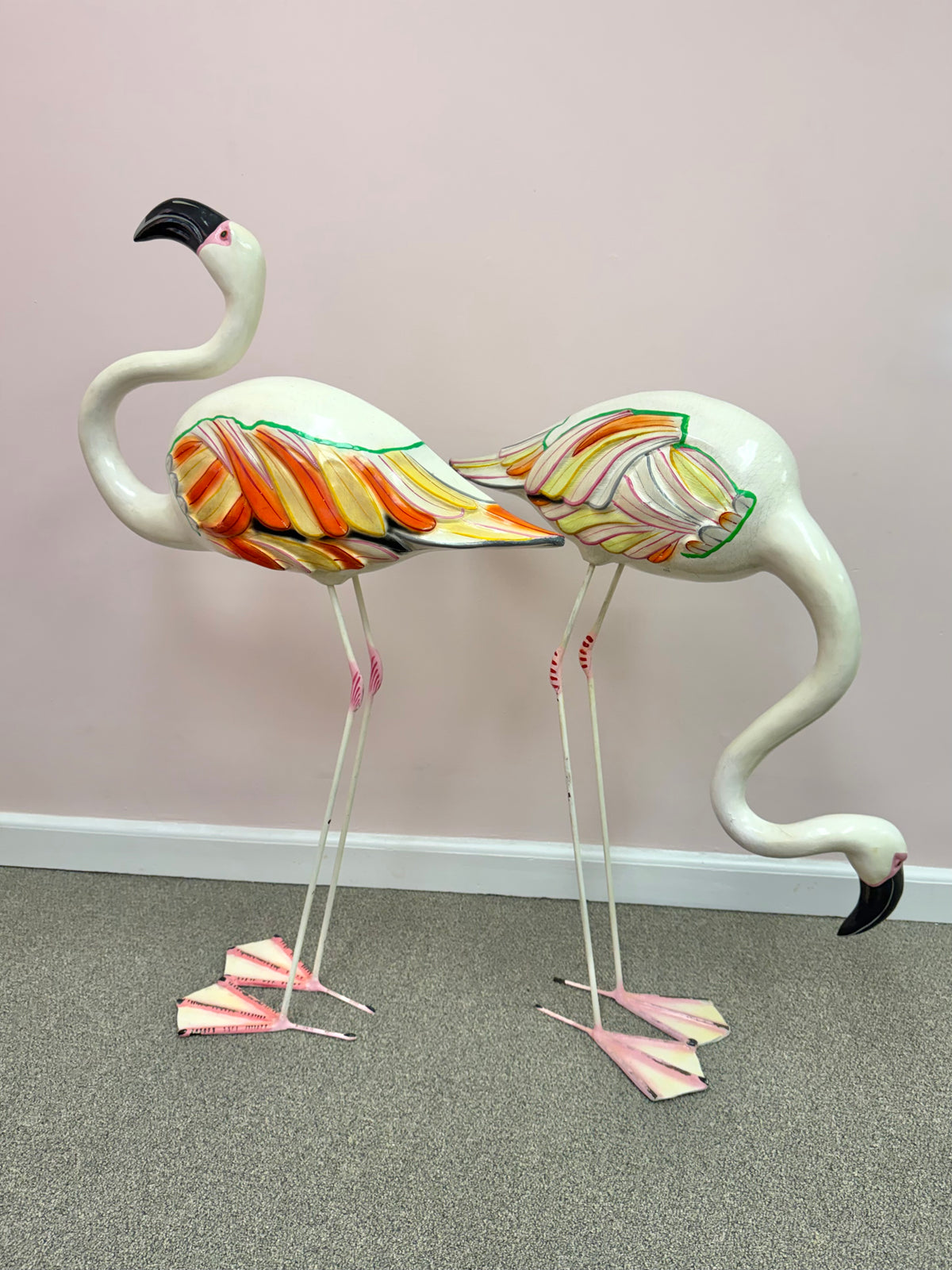 Pair of Extra Large Vintage Mexican Papier- Mache Flamingo Statues