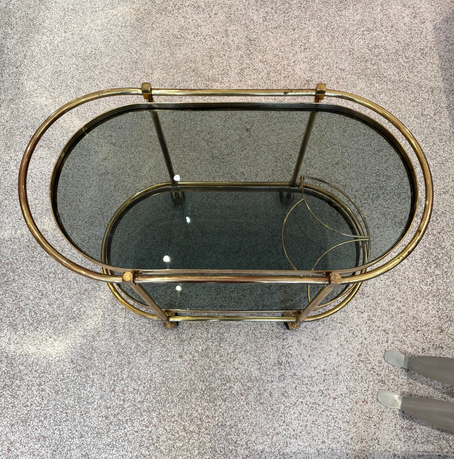 Vintage Oval Brass and Smoked Glass Rolling Bar Cart