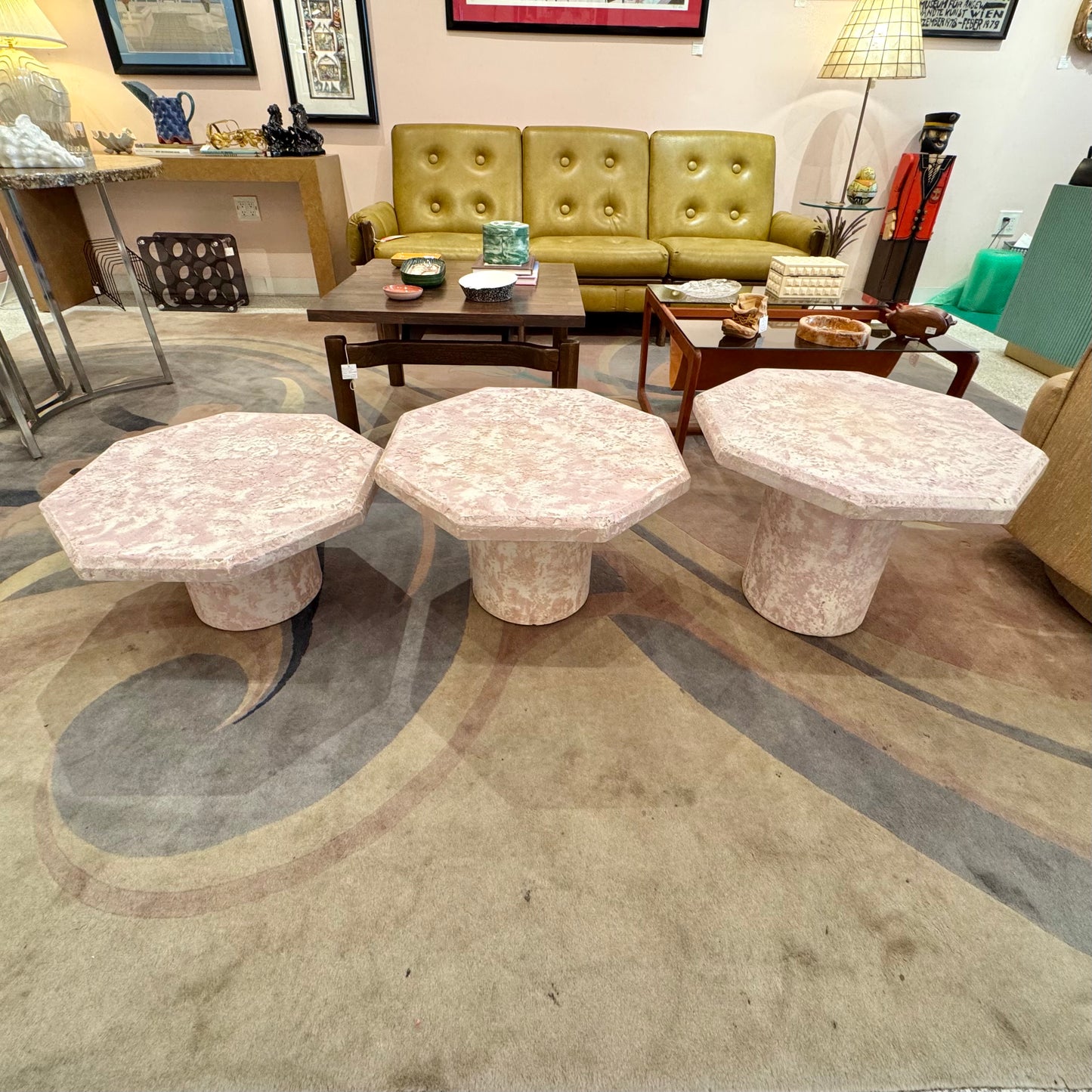 Vintage Set of 3 Pale Pink Octagonal Faux Stone Nesting Tables