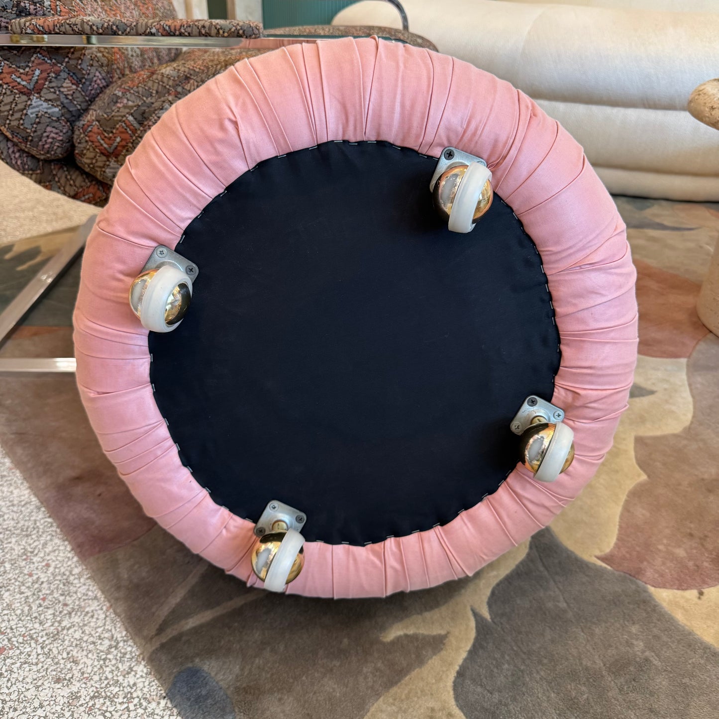 Vintage Pink Pouf Ottoman on Wheels