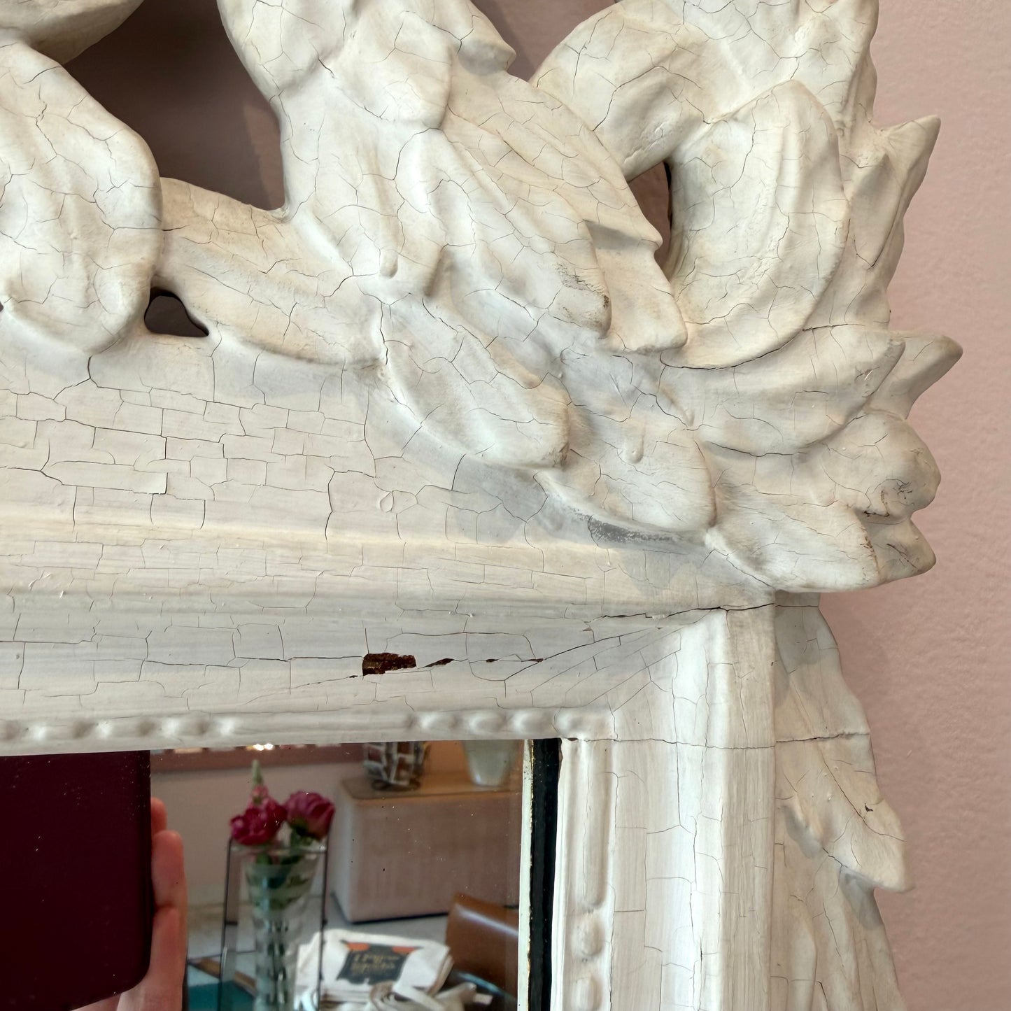 Vintage White Rococo Style Mirror with Carved Maiden Mask Crest