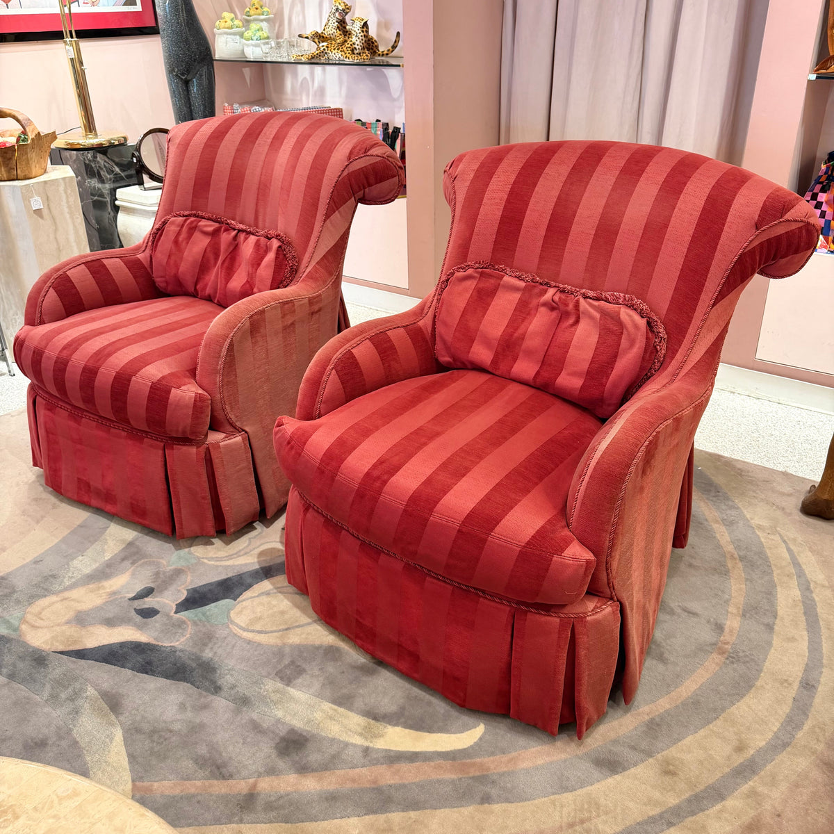 Vintage Raspberry Red Regency Style Striped Lounge Armchair by Lexington Furniture /item