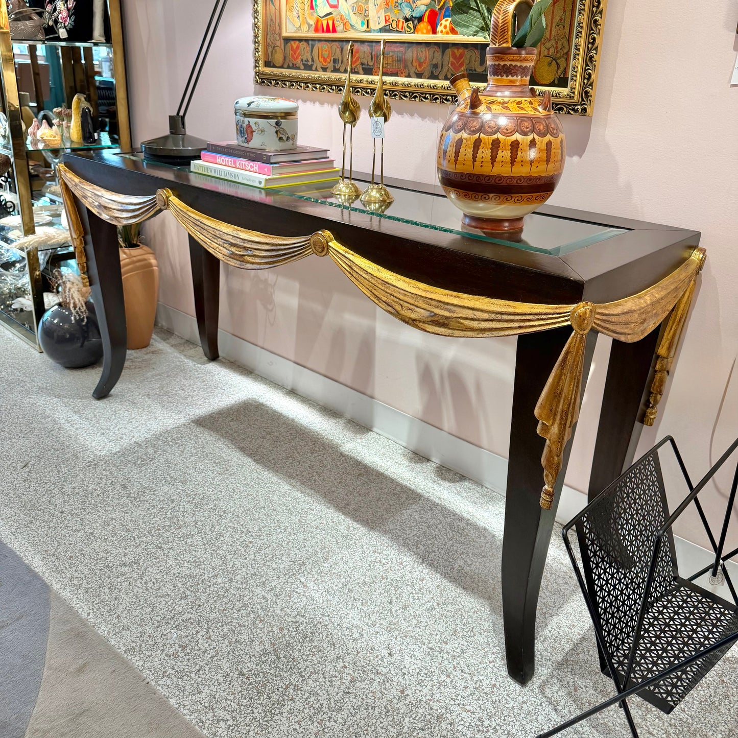 Vintage Dark Wood Console with Gold Gilt Draped Valance Detail