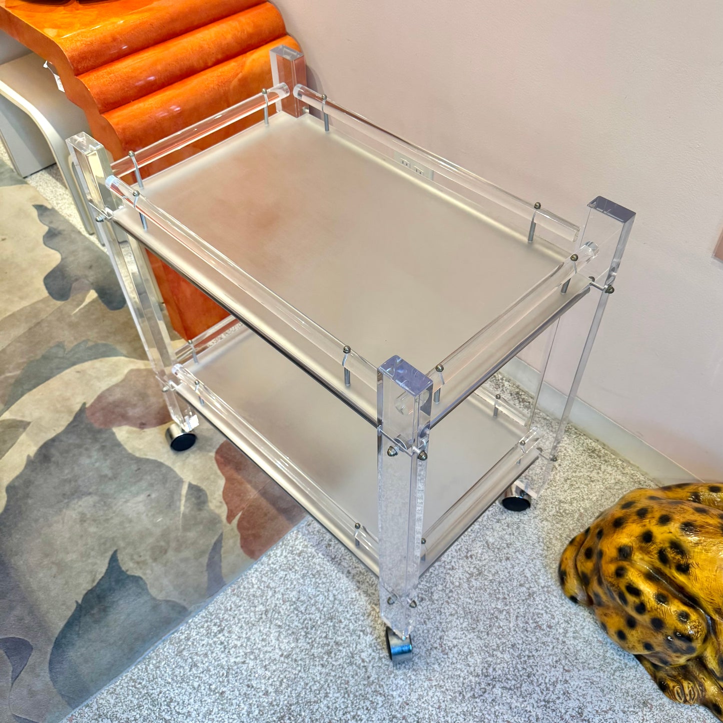Vintage Lucite Two Tier Rolling Bar Cart