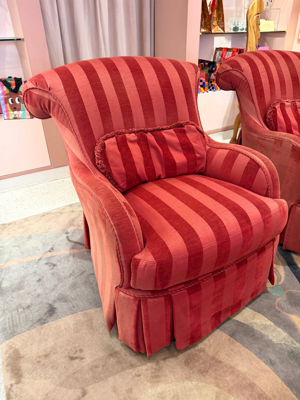 Vintage Raspberry Red Regency Style Striped Lounge Armchair by Lexington Furniture /item