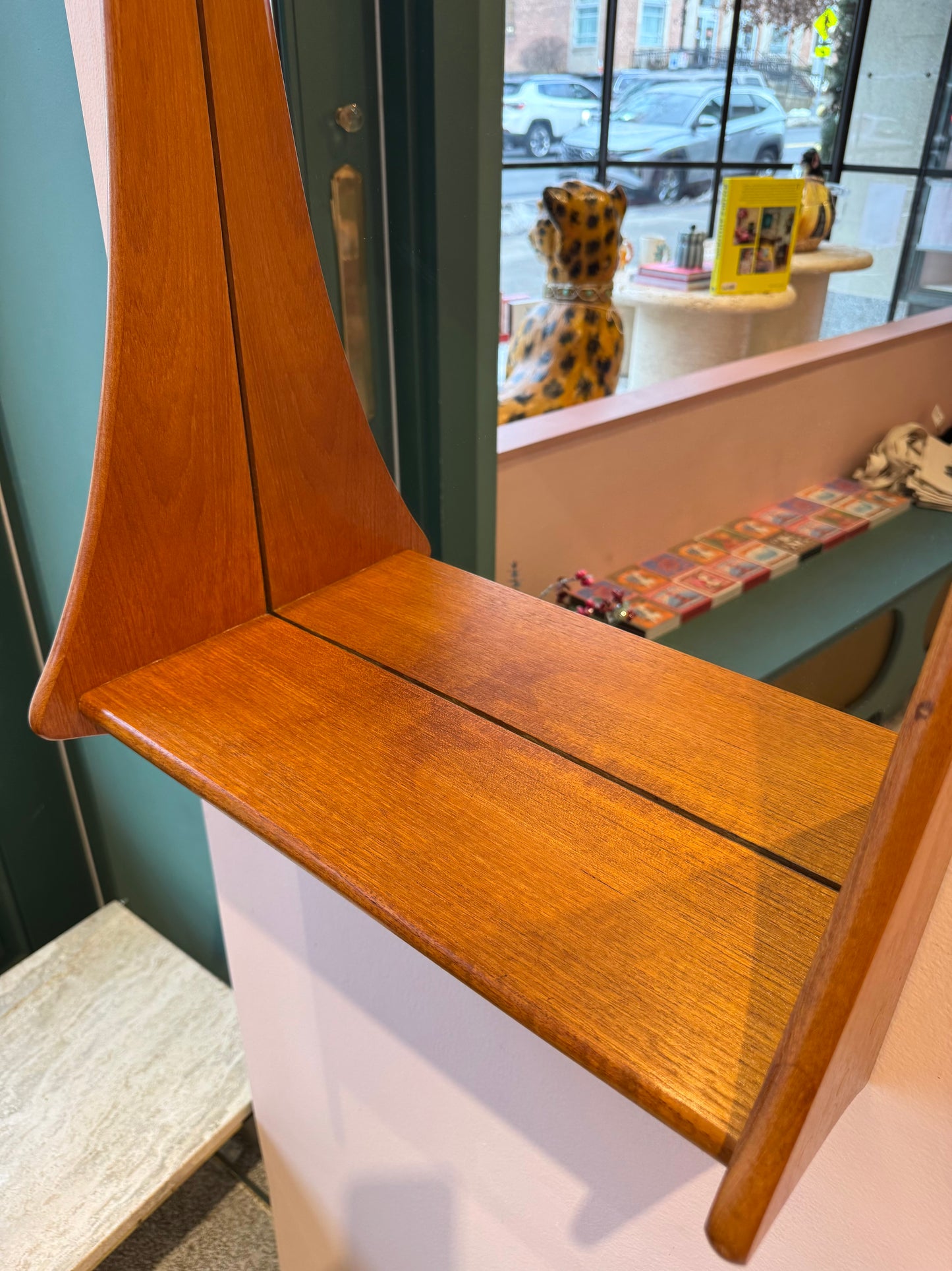 Mid Century Danish Teak Curved Wall Mirror with Shelf by Pedersen and Hansen