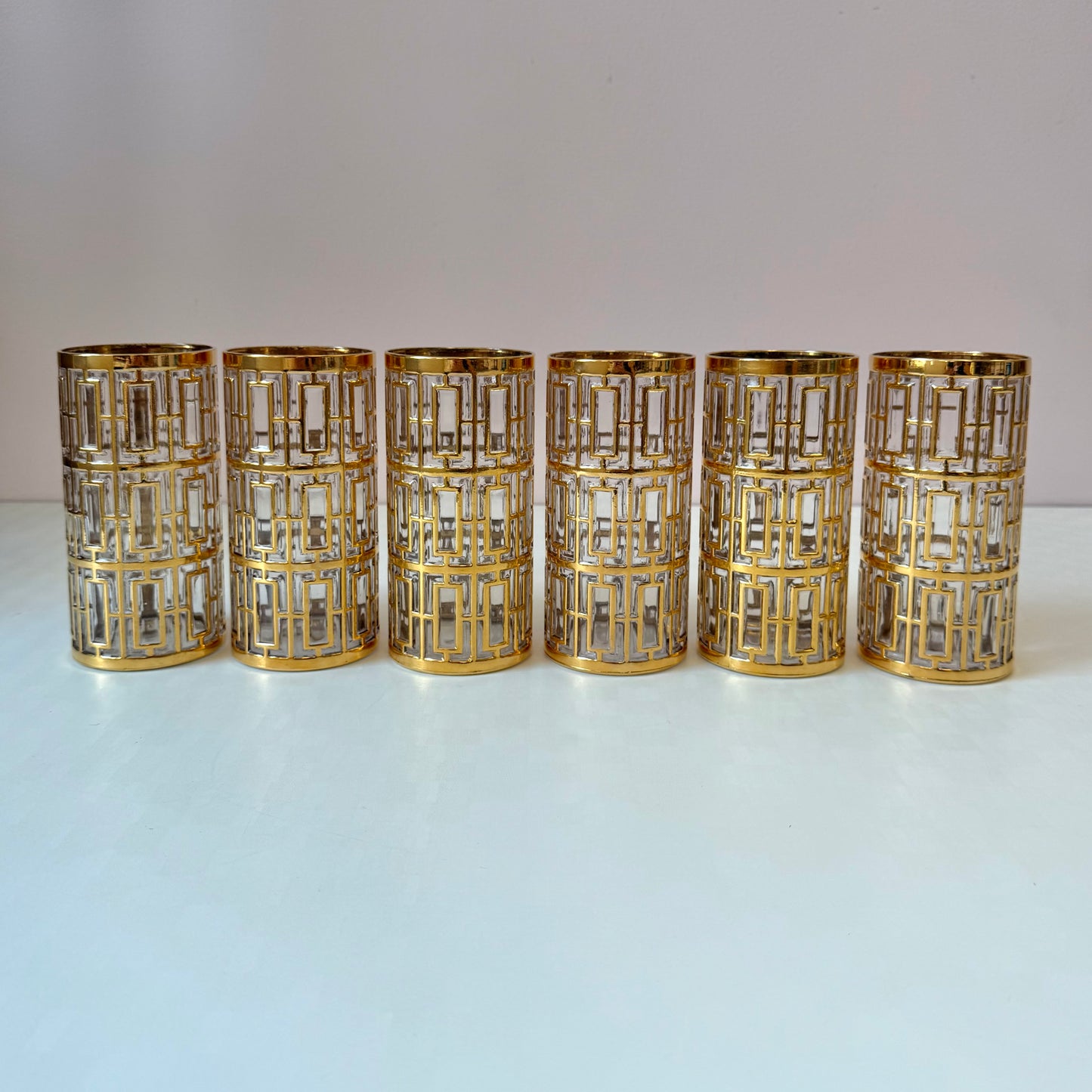 Vintage Set of 6 Imperial Glass Company Highball Glasses in the Gold Shoji Pattern