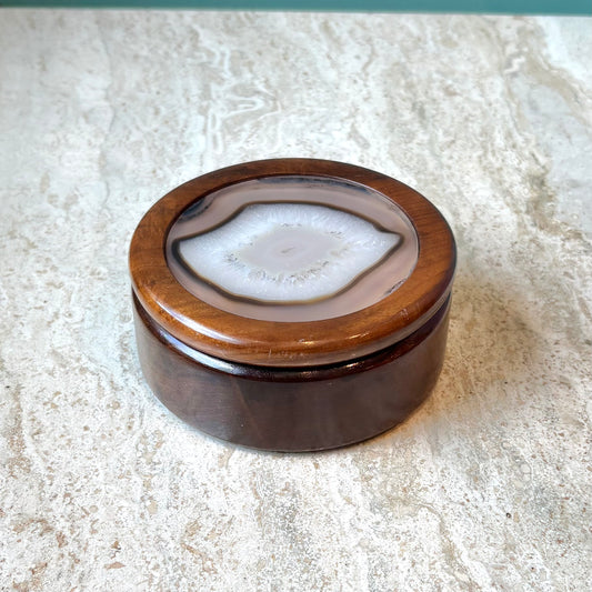 Vintage Circular Wood Box with Geode Lid