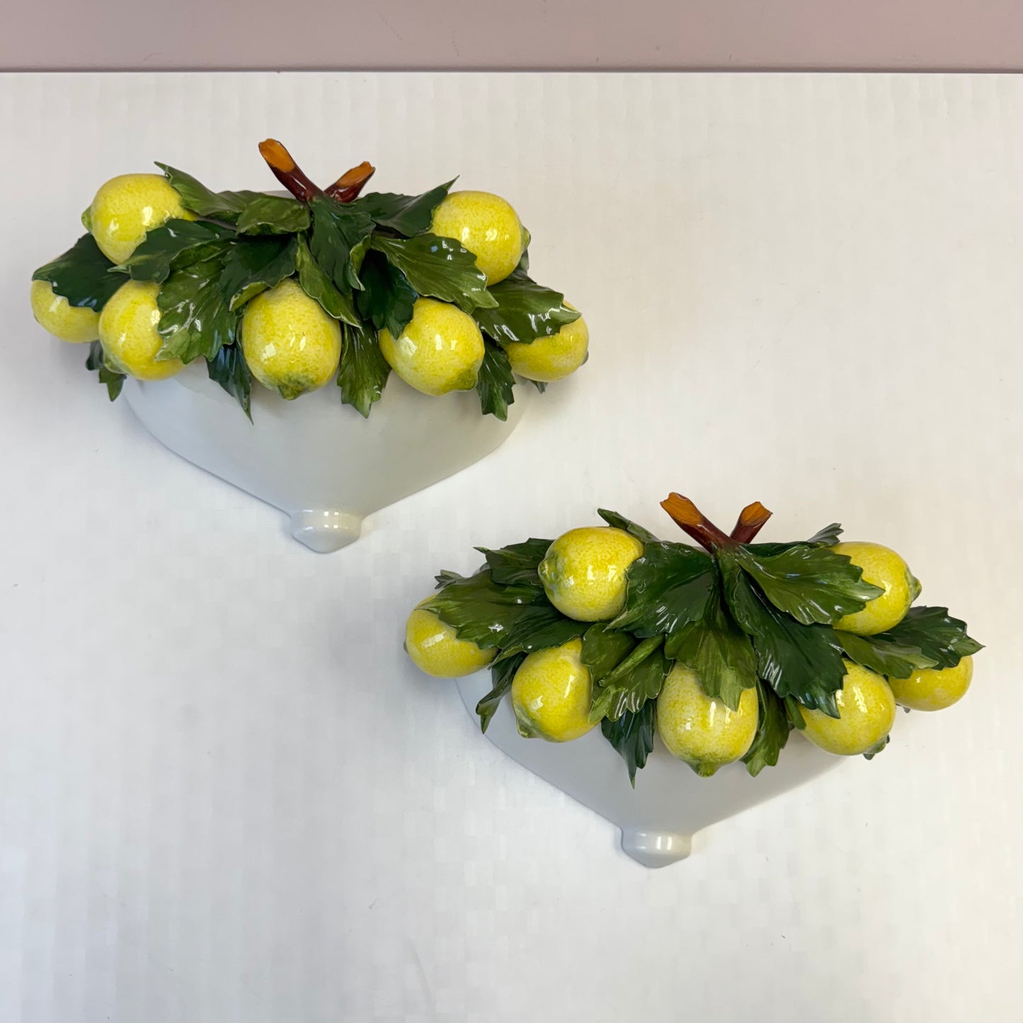 Pair of Vintage Italian Capodimonte Porcelain Lemon Wall Sconce Pockets