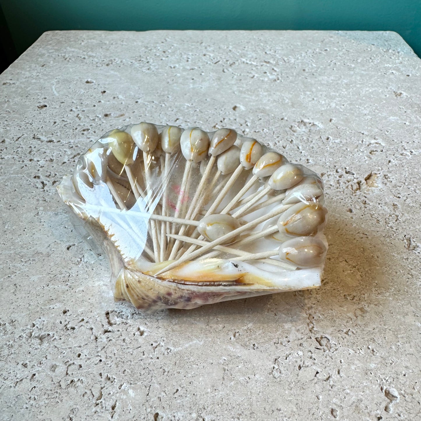 Vintage Seashell Cocktail Pick Set in Clam Shell Holder