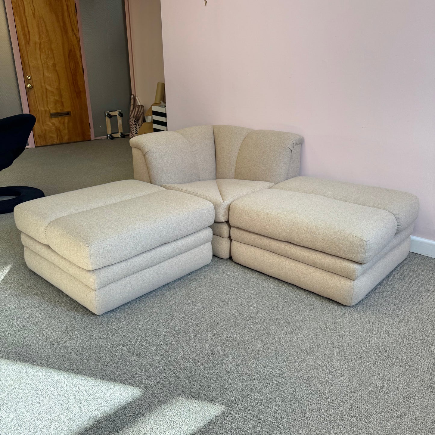 Vintage Soft Beige Tweed Chair & Ottoman