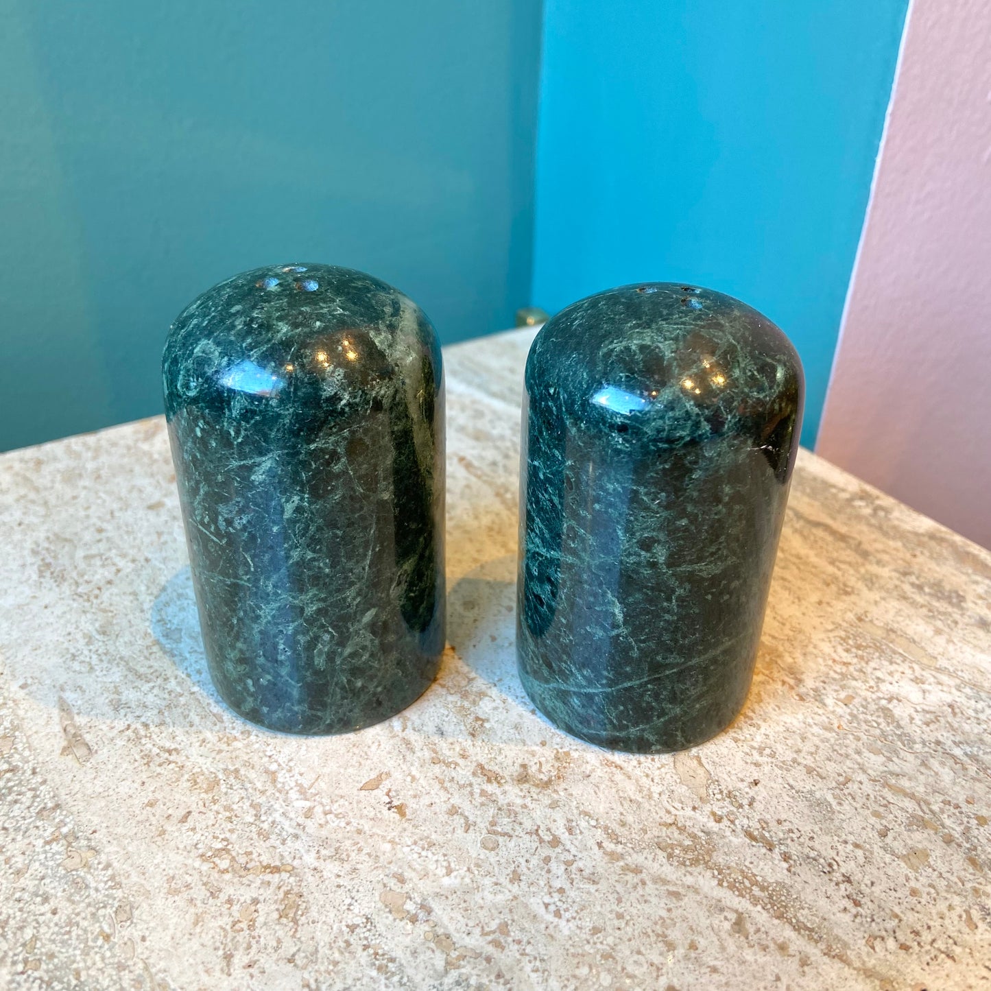 Pair of Green Marble Salt and Pepper Shakers