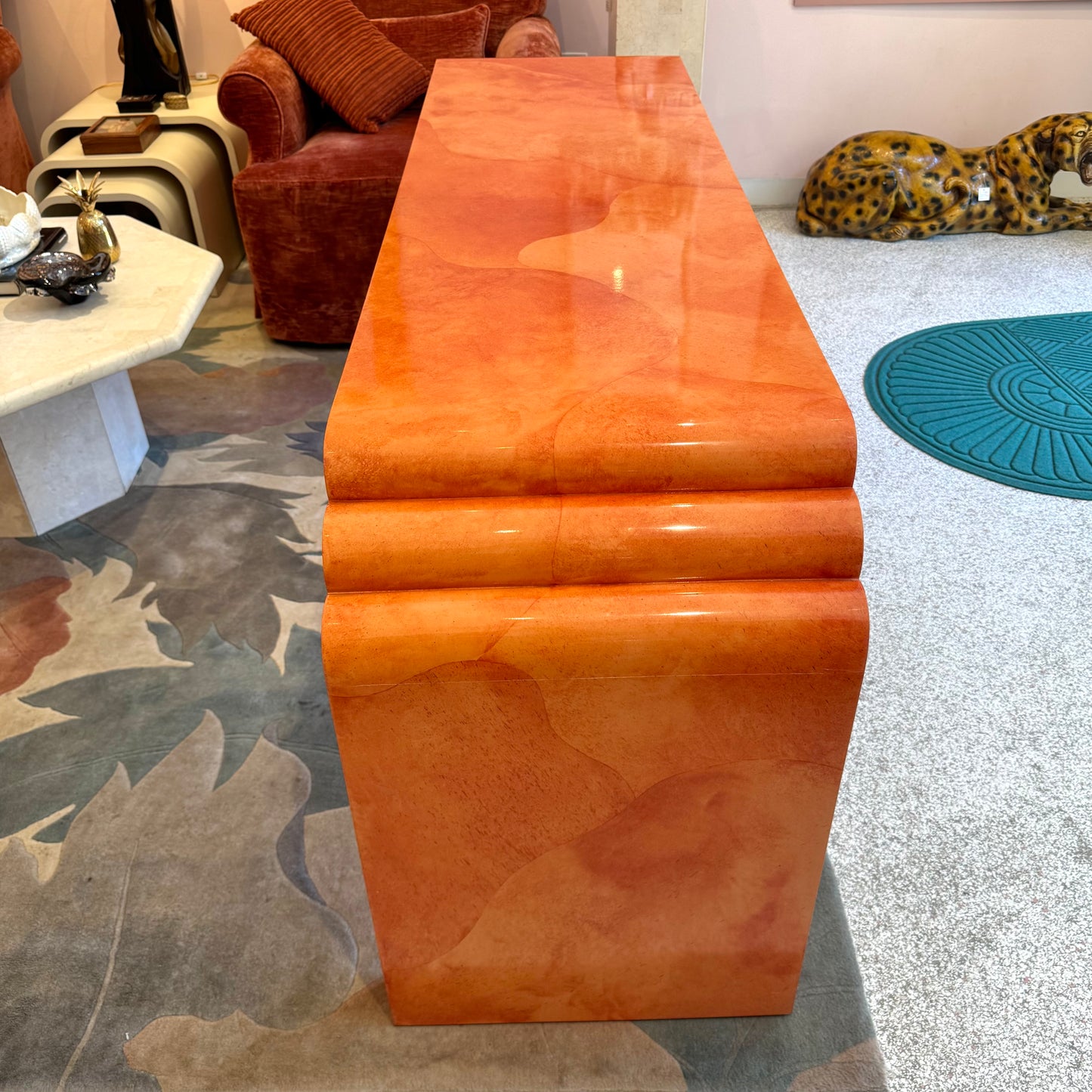 Vintage Postmodern Faux Goatskin Orange Lacquer Console Table