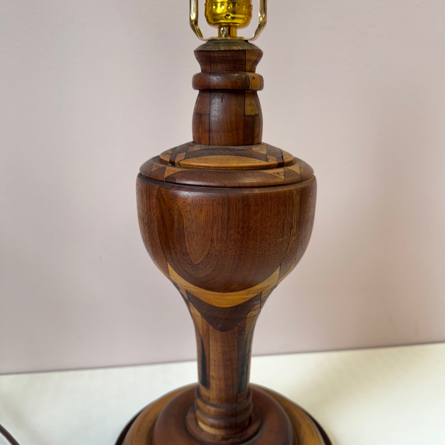Mid Century Turned Mixed Wood Lamp W/Shade