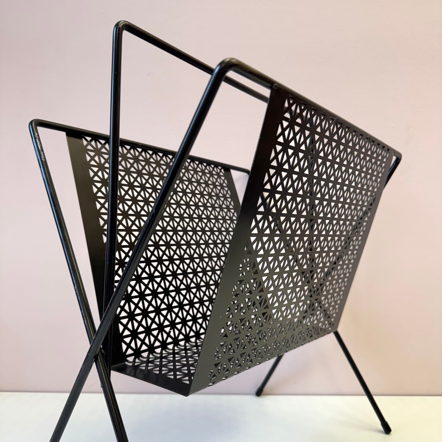 Vintage Mid Century Black Perforated Metal Magazine Rack