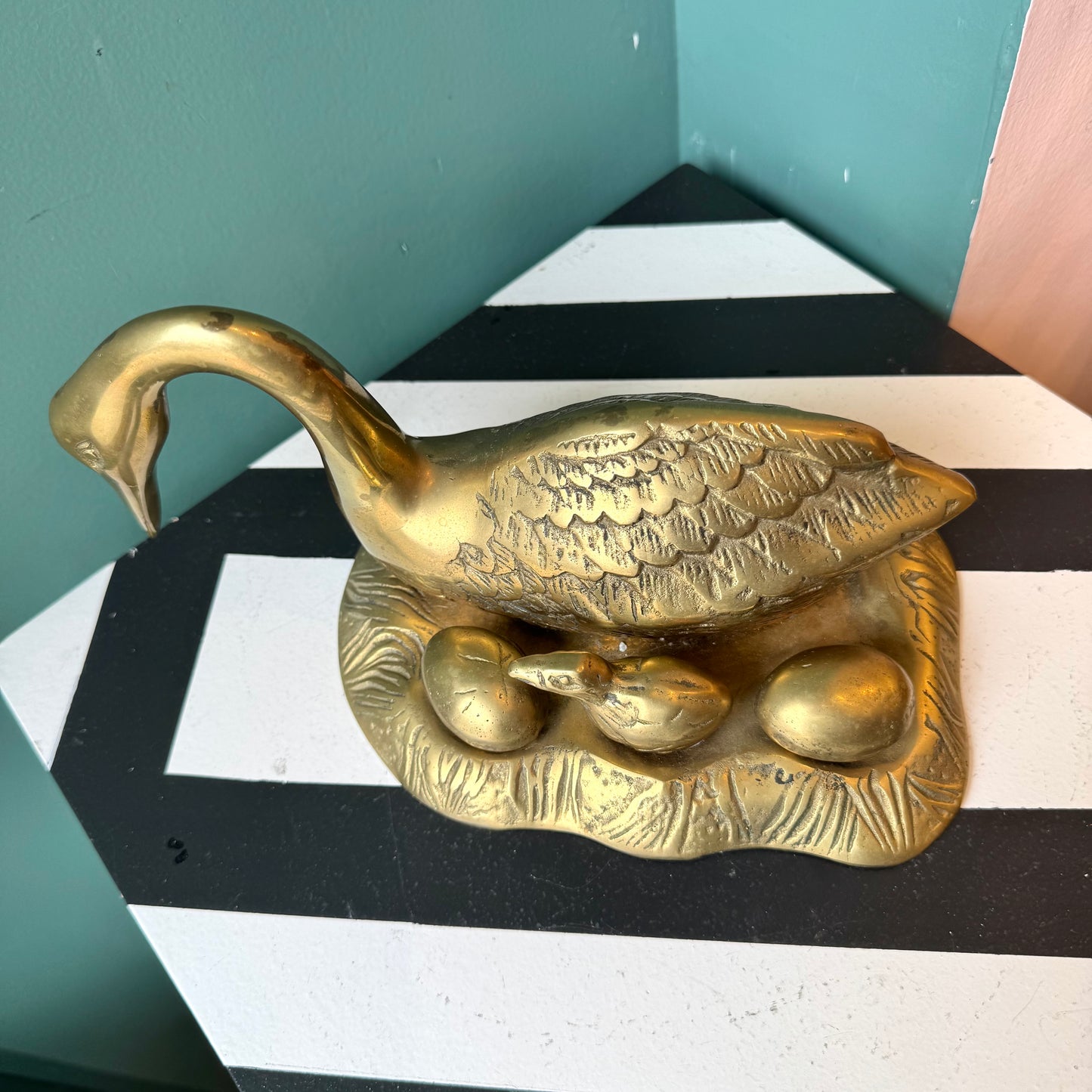 Vintage Brass Duck With Chick and Eggs