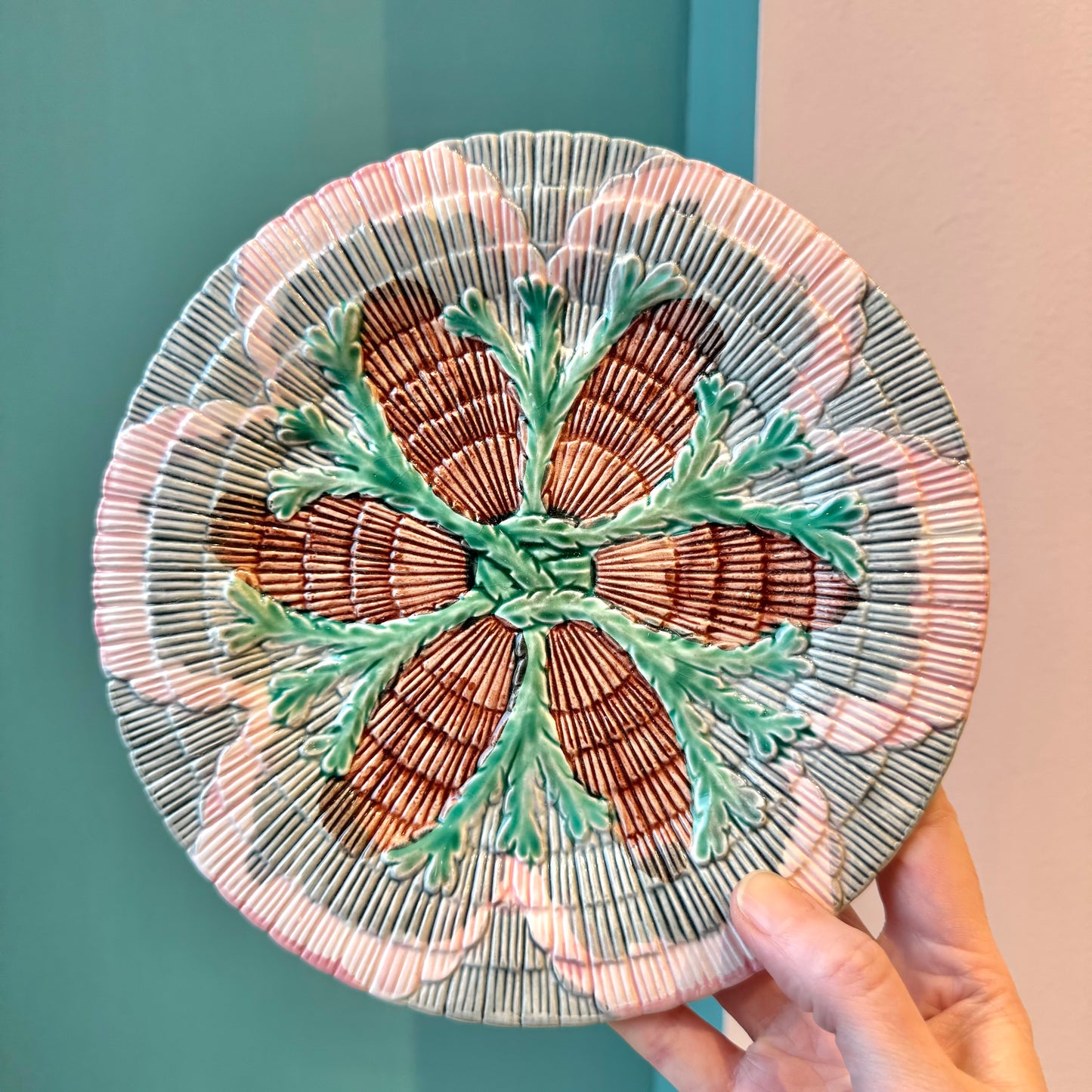 Antique Set of 4 Majolica Shell & Seaweed Appetizer Plates