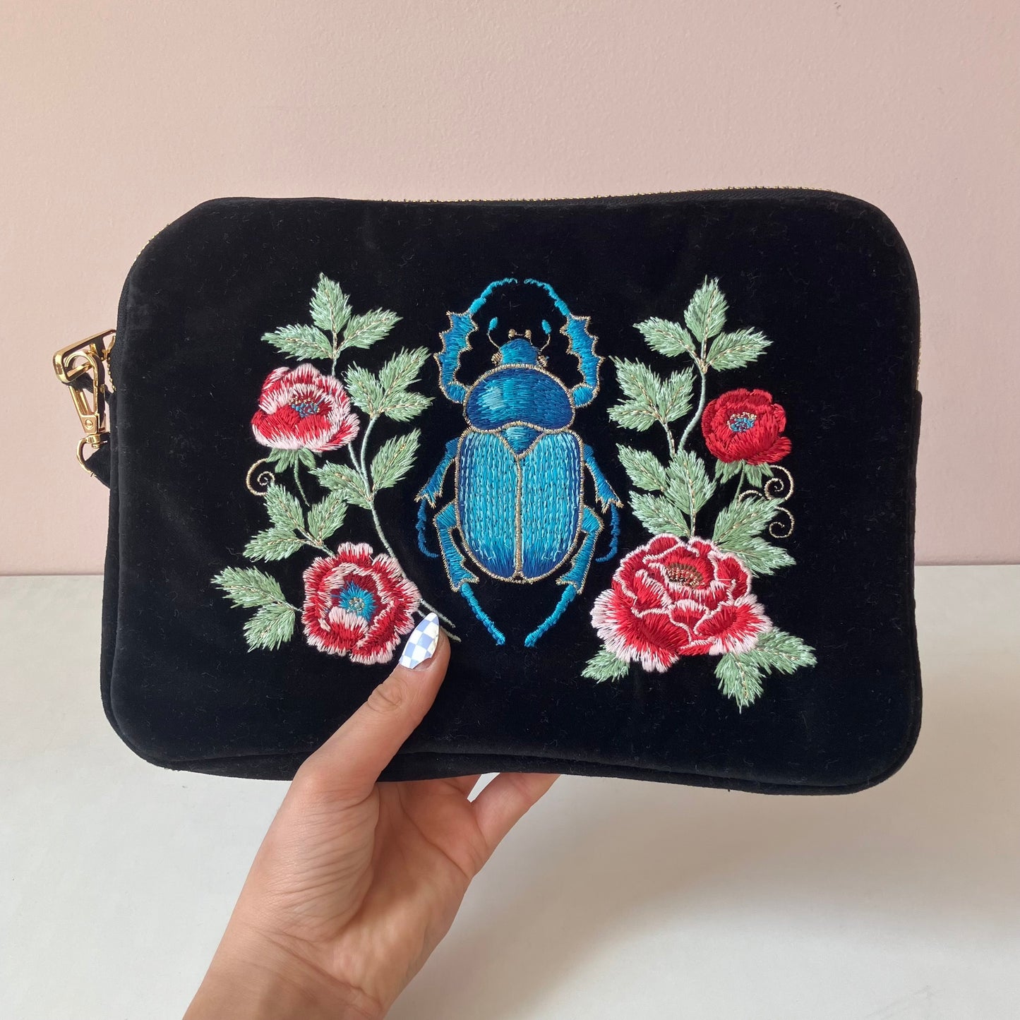 Black Velvet Embroidered Everything Pouch - Beetle