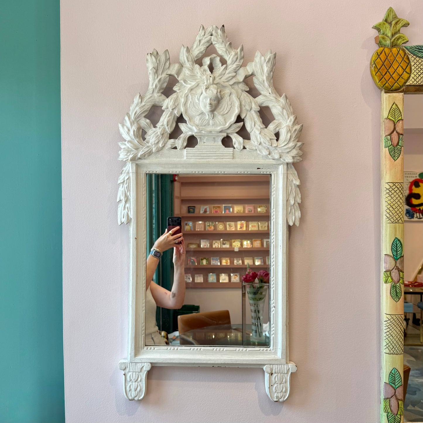 Vintage White Rococo Style Mirror with Carved Maiden Mask Crest