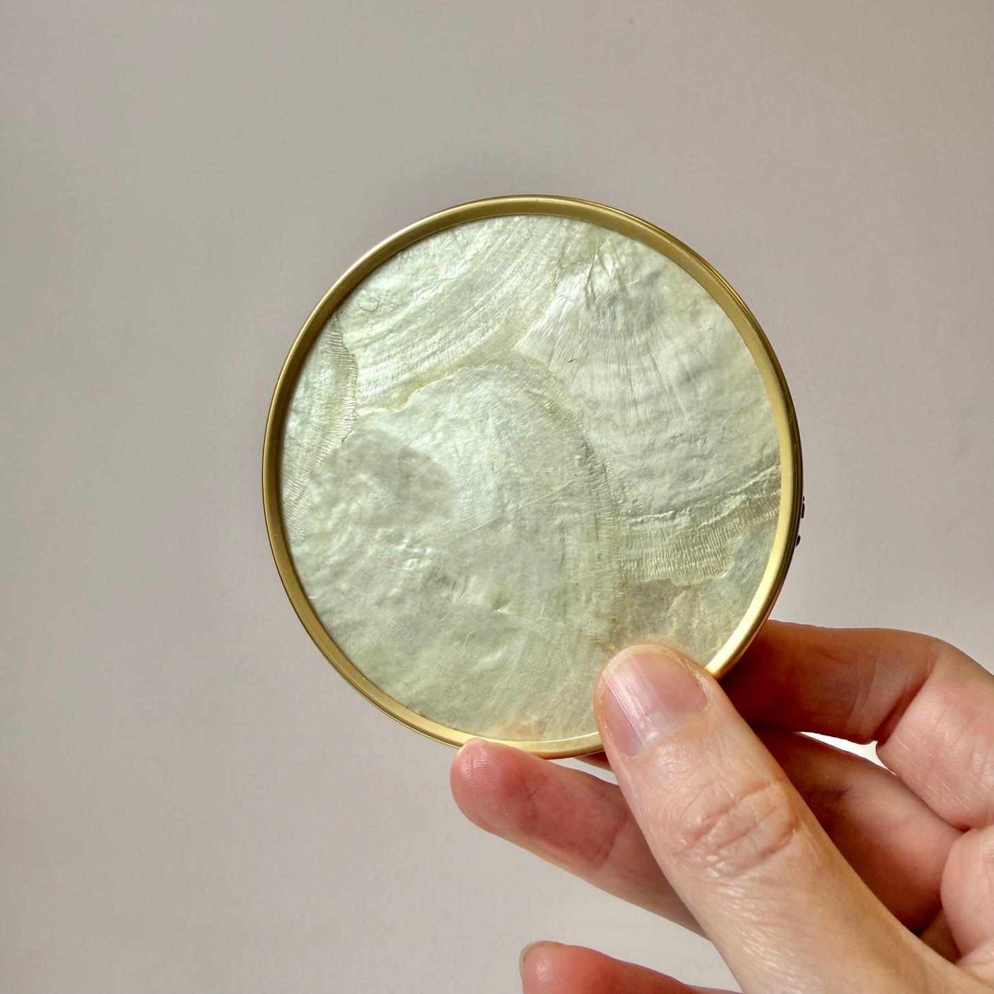 Vintage Capiz Shell and Brass Coaster Set with Caddy