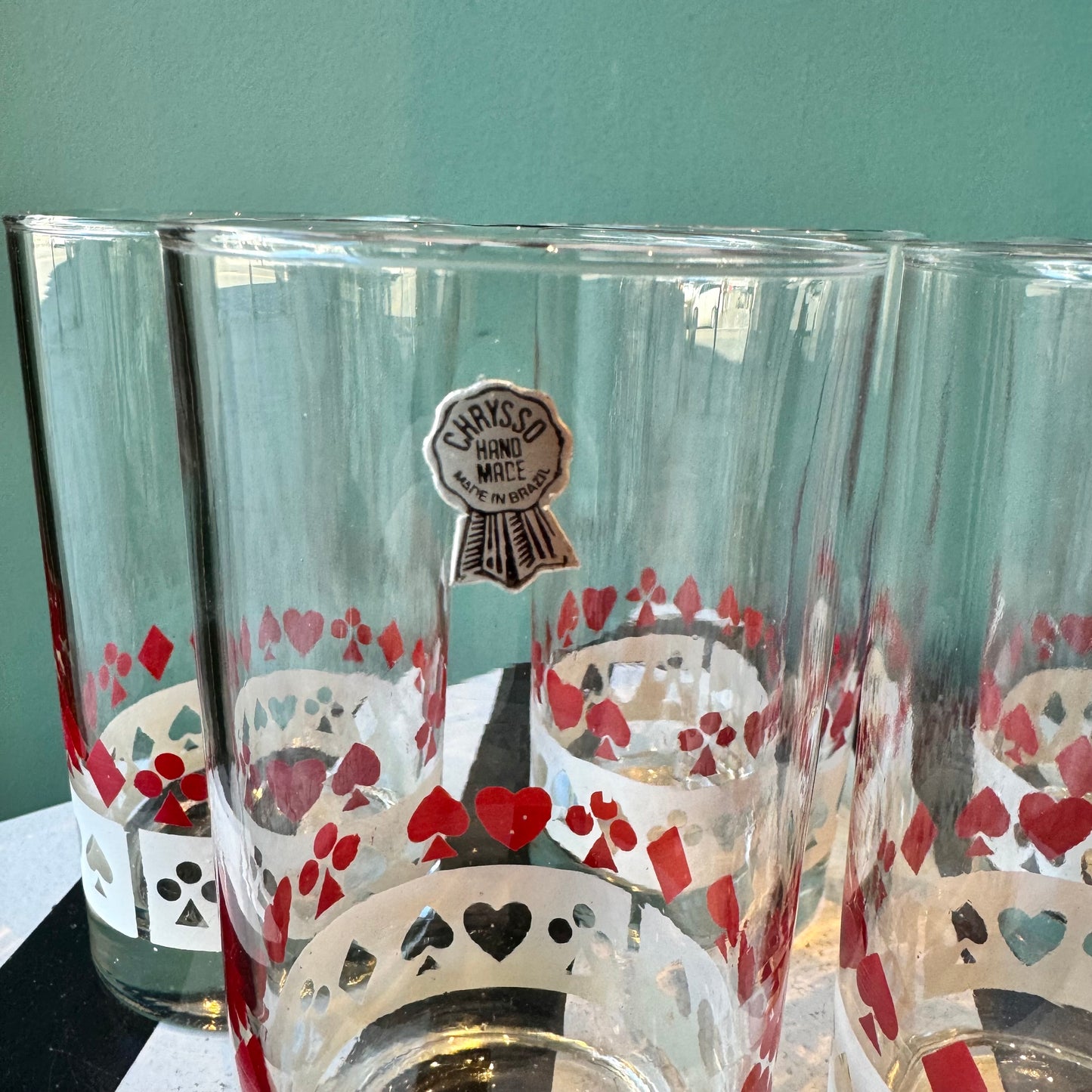 Set of 5 Vintage Red and White Card Suit Highball Glasses