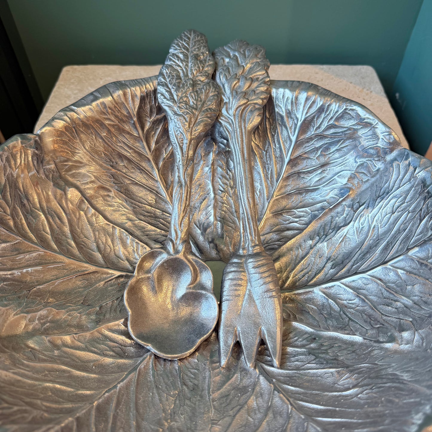 Vintage Wilton Co Pewter Cabbage Leaf Serving Bowl and Utensils