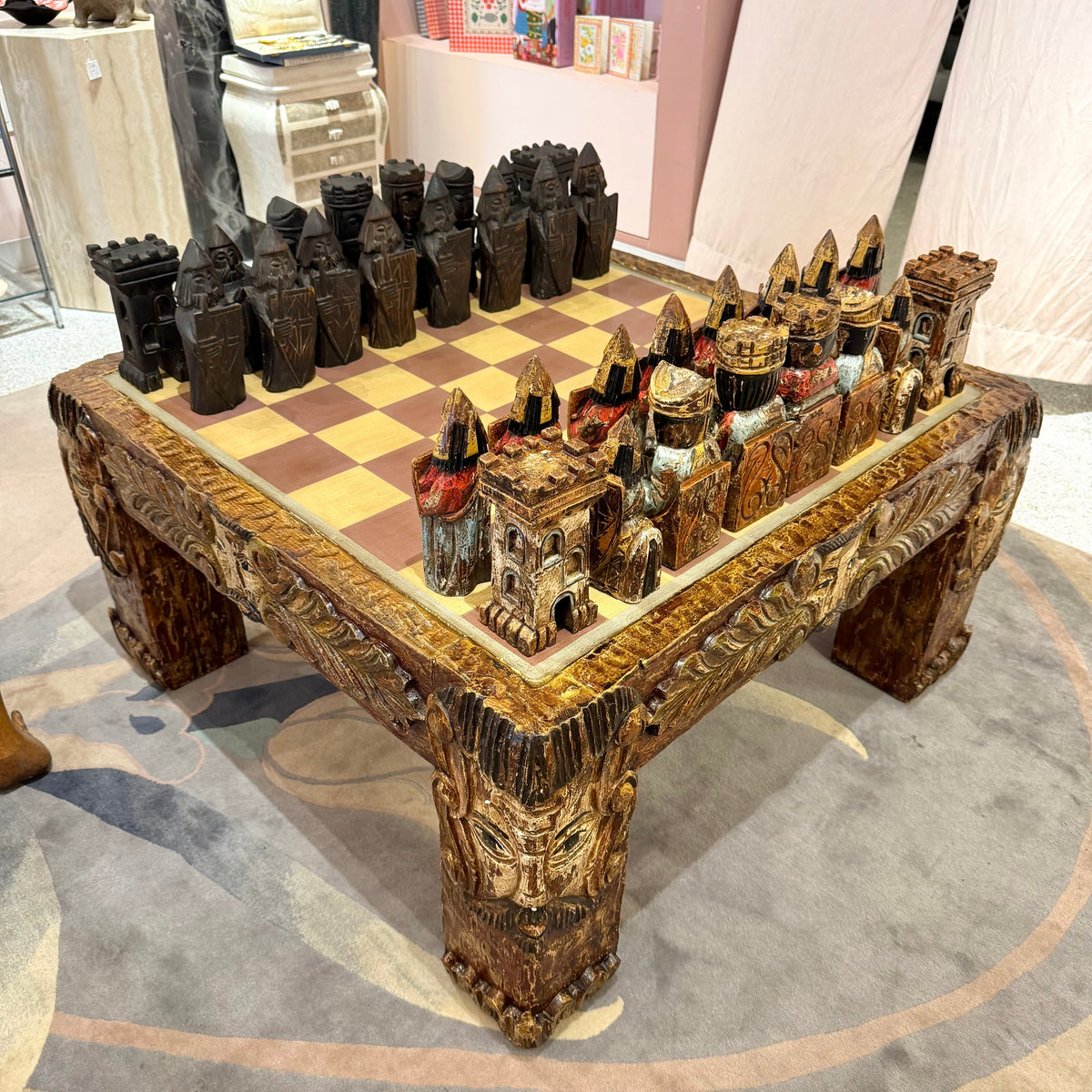 Vintage Mid-Century Carved Chess Board Coffee Table with Chess Pieces