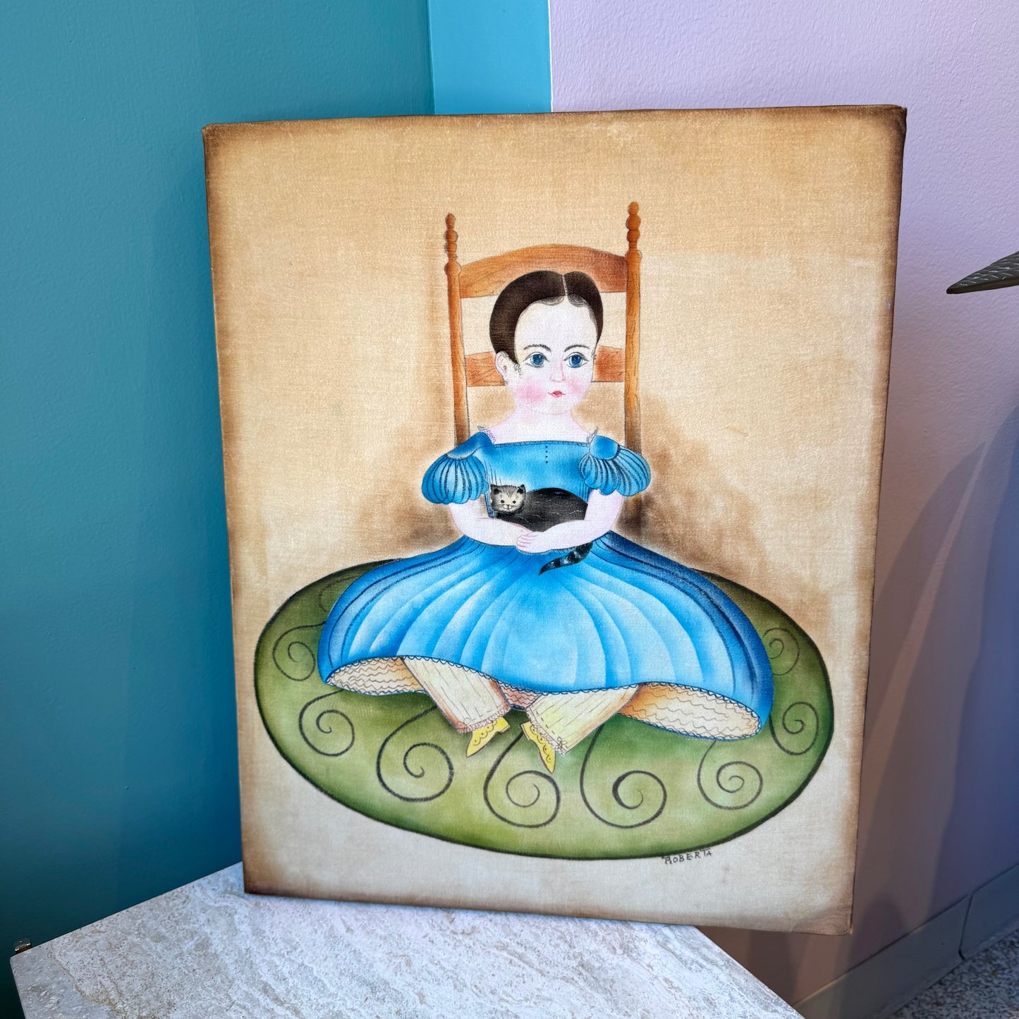 Vintage Girl with Cat Velvet Portrait - Signed and Dated