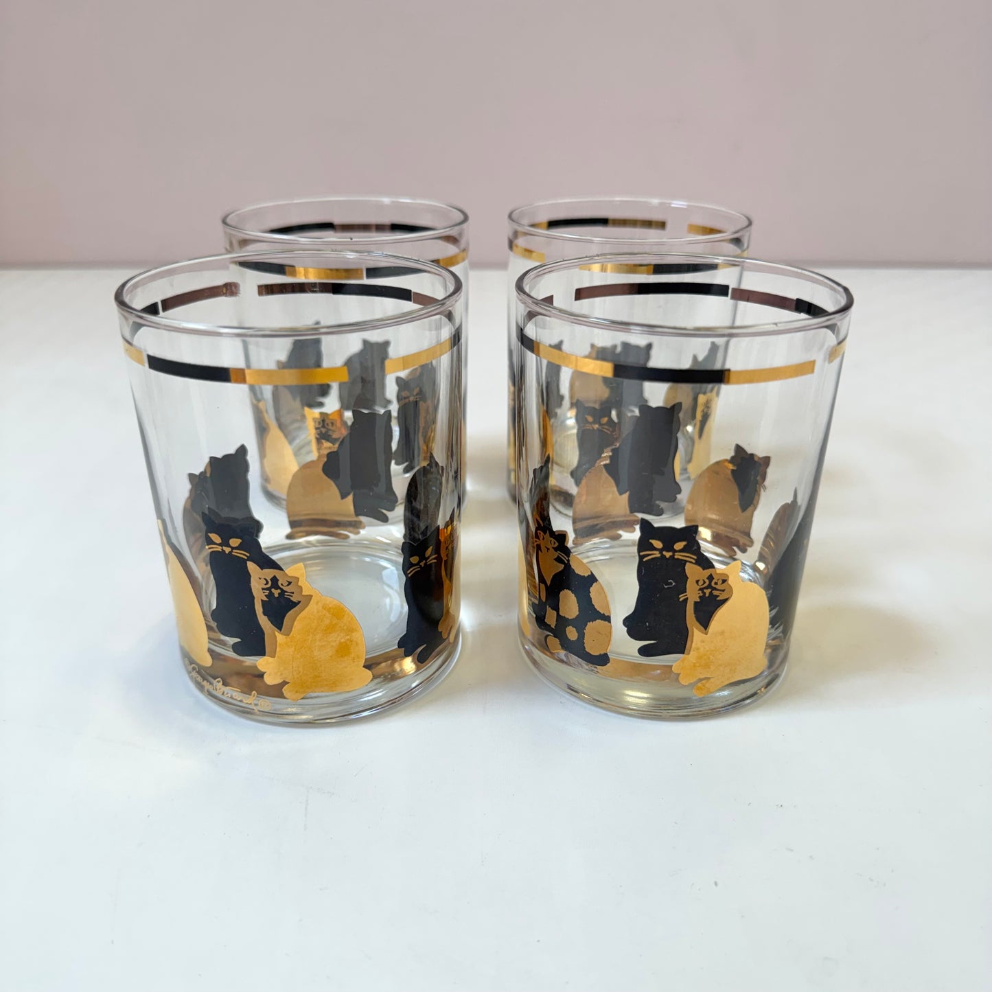 Vintage Set of Four 22 Karat Gold and Black Cat Rock Glasses by Georges Briard