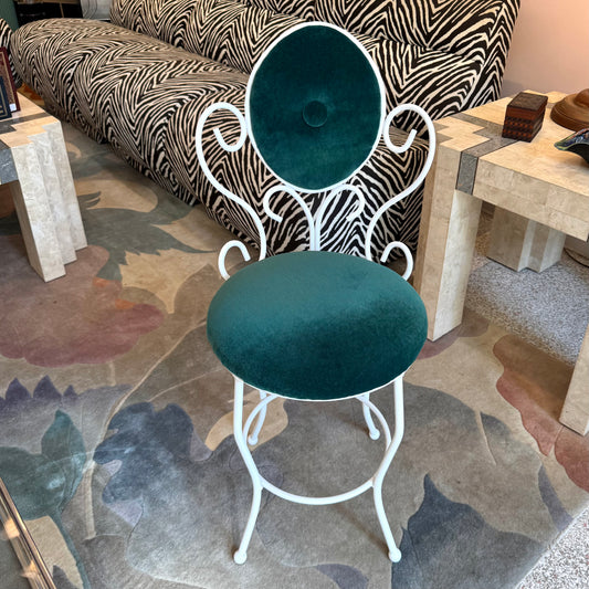 Vintage Small White Iron and Green Velvet Vanity Chair
