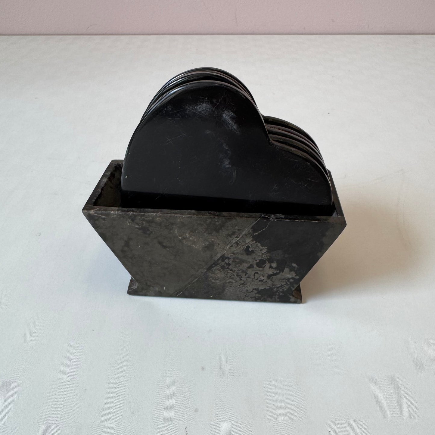 Vintage Set of 6 Black Marble Heart Coasters in Caddy