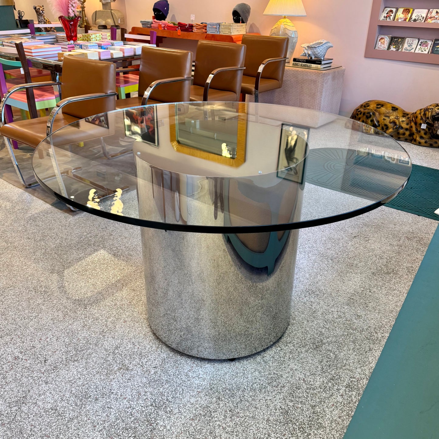 Vintage 1970’s Paul Mayan Style Circular Glass and Chrome Base Dining Table