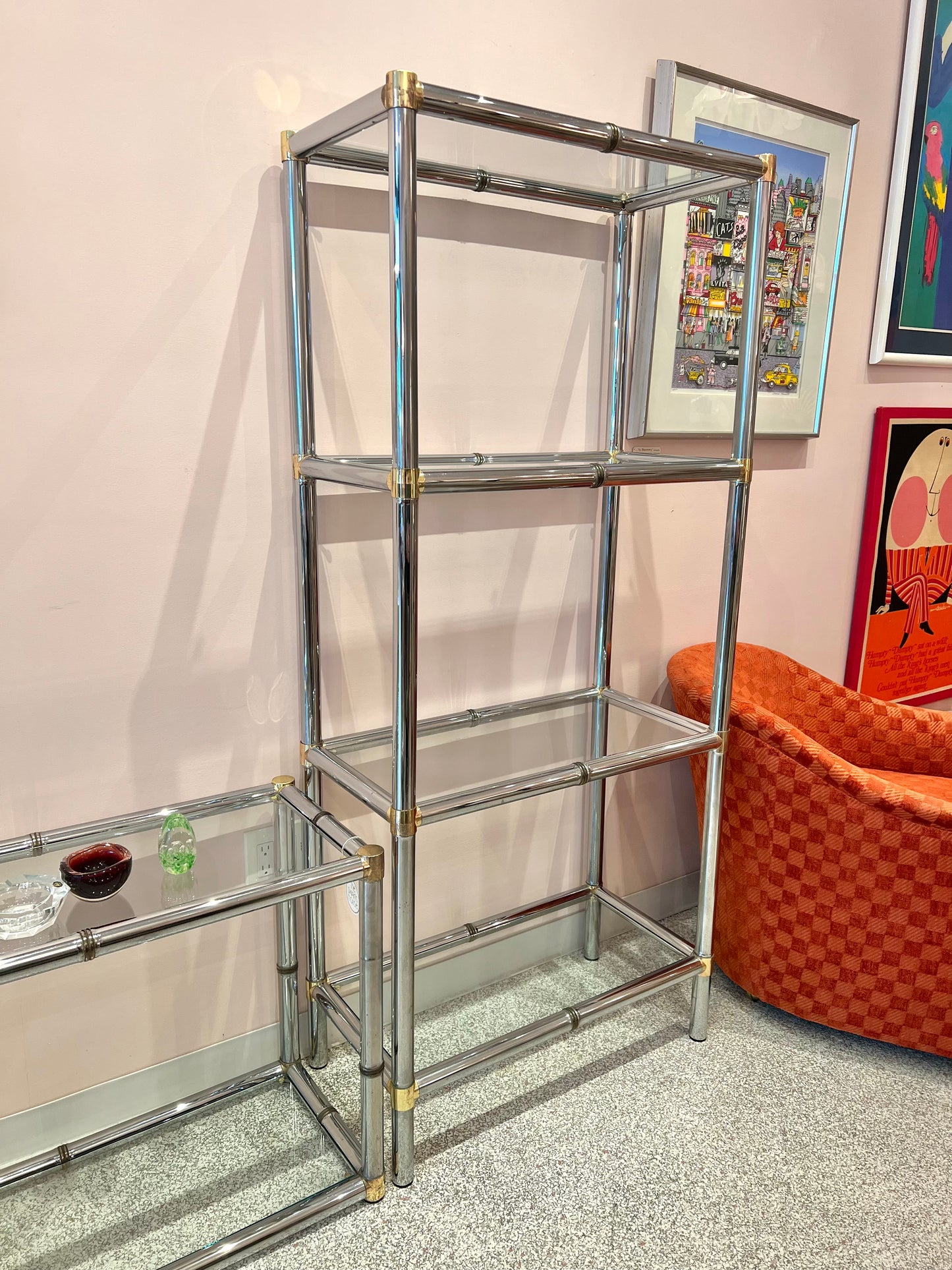 Vintage Chrome Etagere Shelf with Brass Bamboo Accents