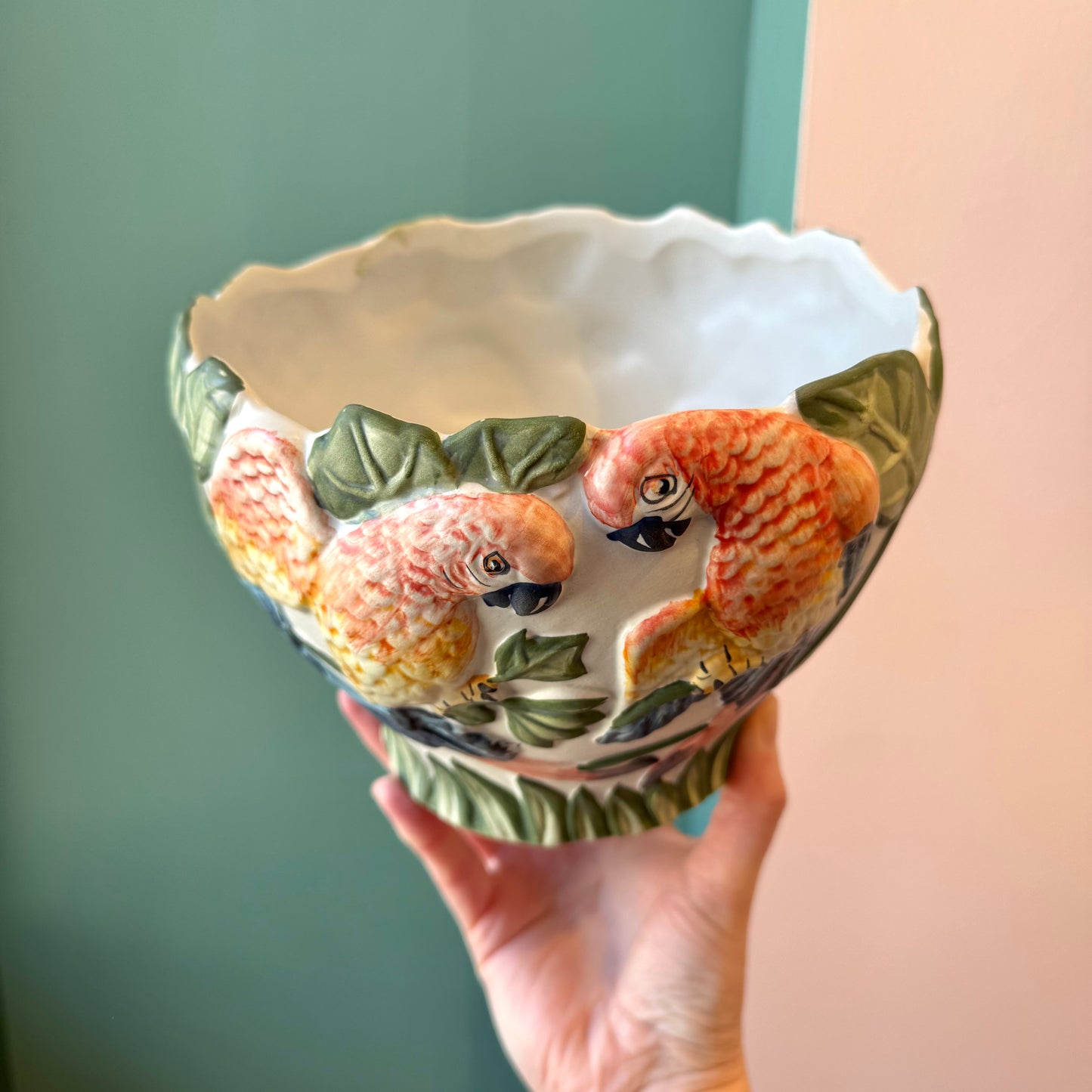 Vintage Portuguese Hand Painted Parrot Planter Bowl