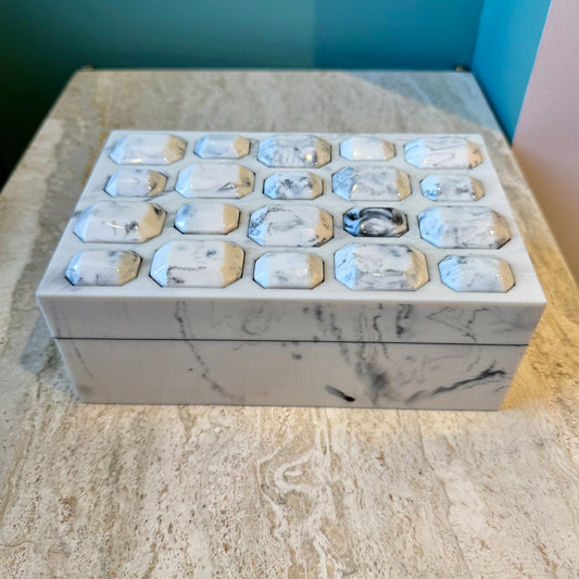 White Marbled Resin Box with Decorative Gem Lid