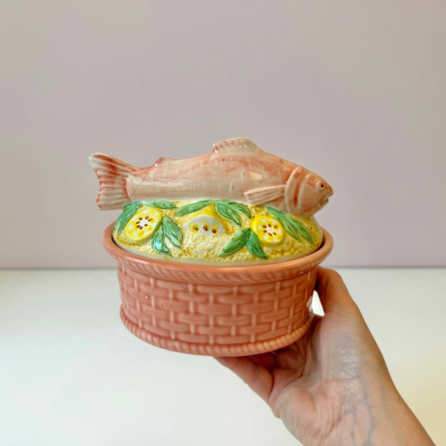 Vintage GEO Paris Ceramic Salmon Tureen Dish (as is)