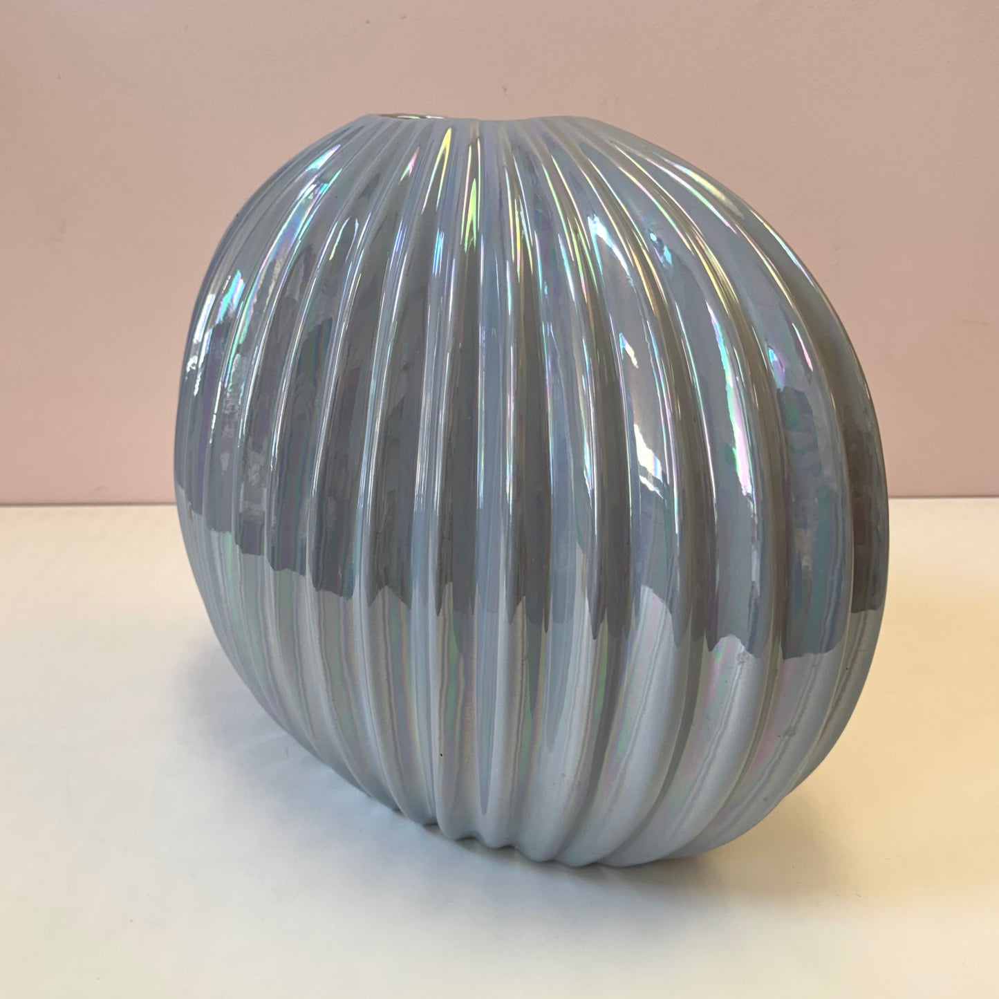 Vintage Pale Blue Opalescent Ribbed Vase
