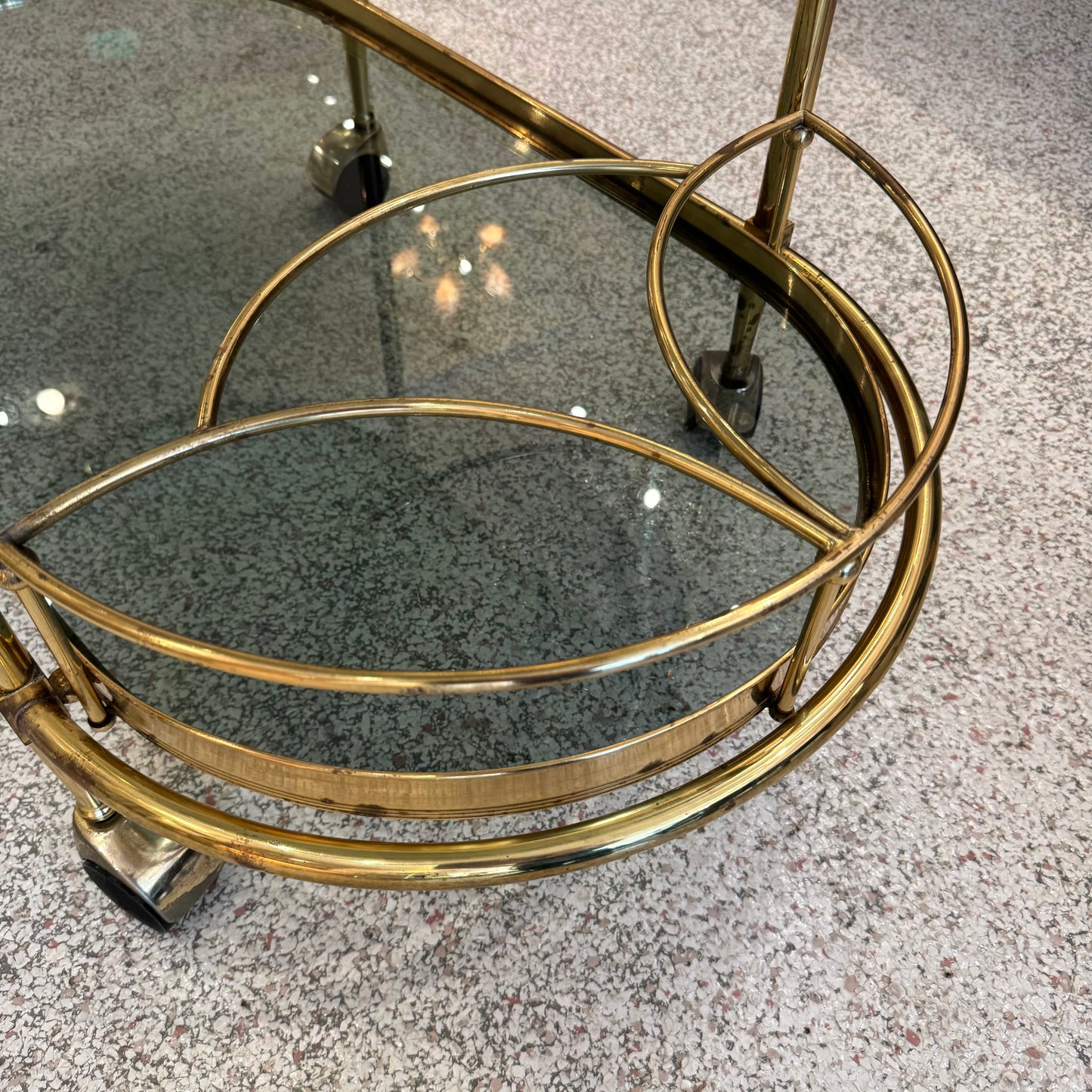 Vintage Oval Brass and Smoked Glass Rolling Bar Cart