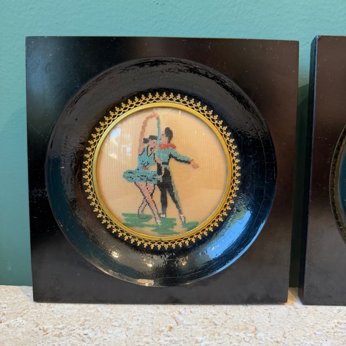 Pair of Vintage Needlepoint Ballerina Wall Plaques