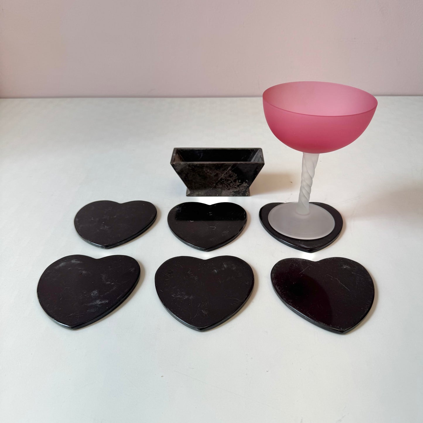 Vintage Set of 6 Black Marble Heart Coasters in Caddy