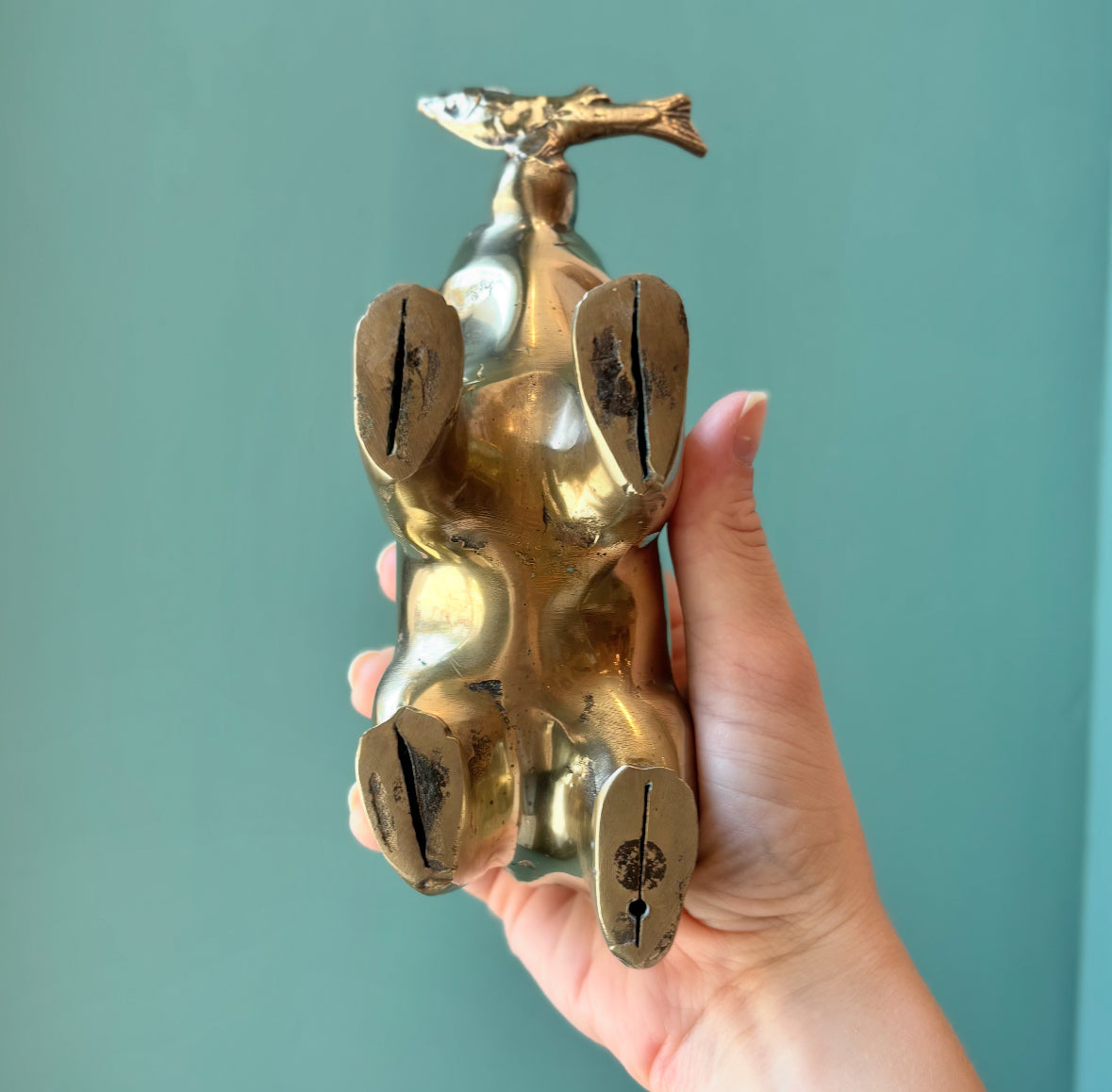 Vintage Brass Bear with Fish in Mouth Figurine