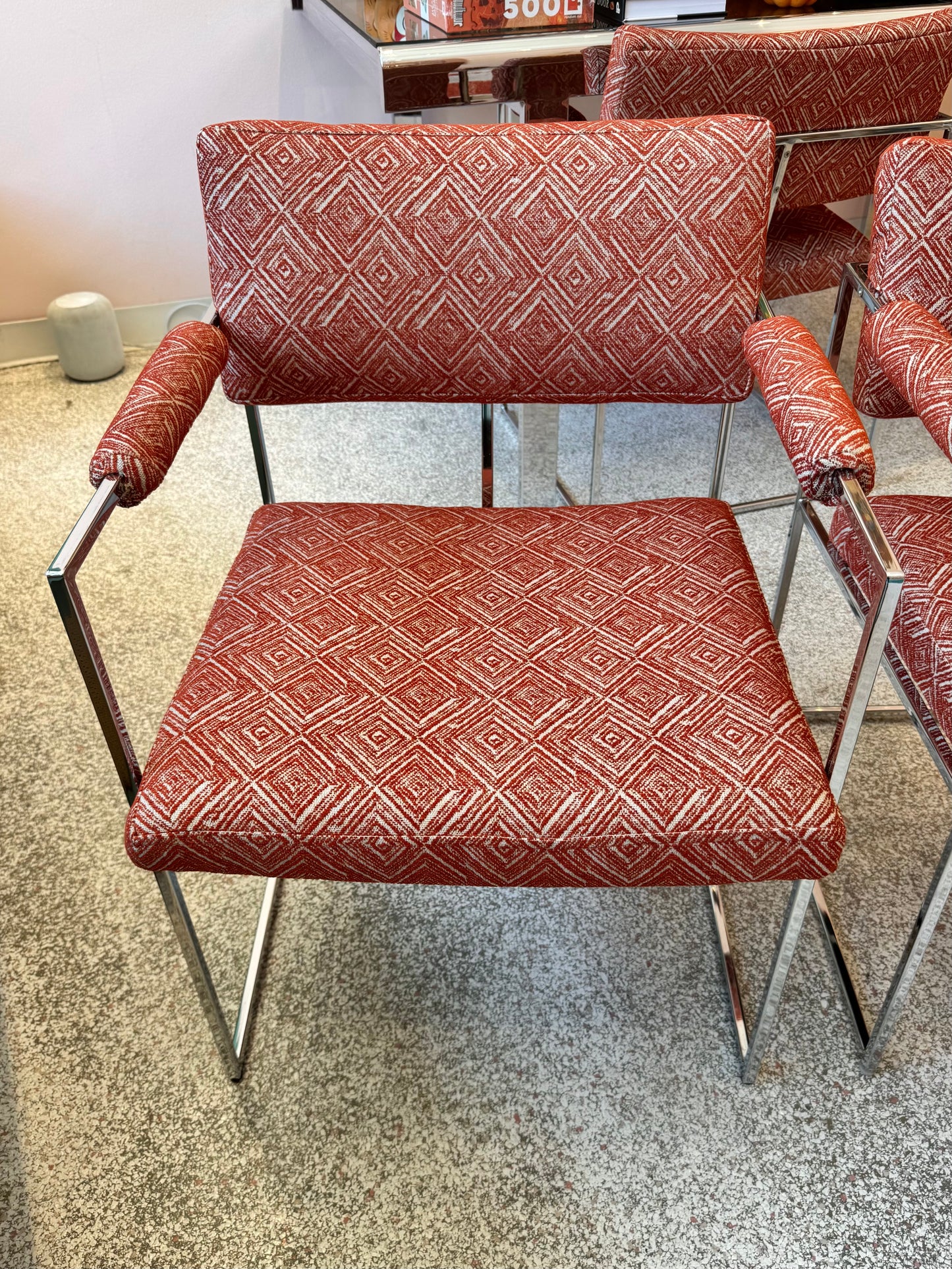Vintage Set of 4 Milo Baughman '1188' Chrome and Orange Wool Dining Chairs