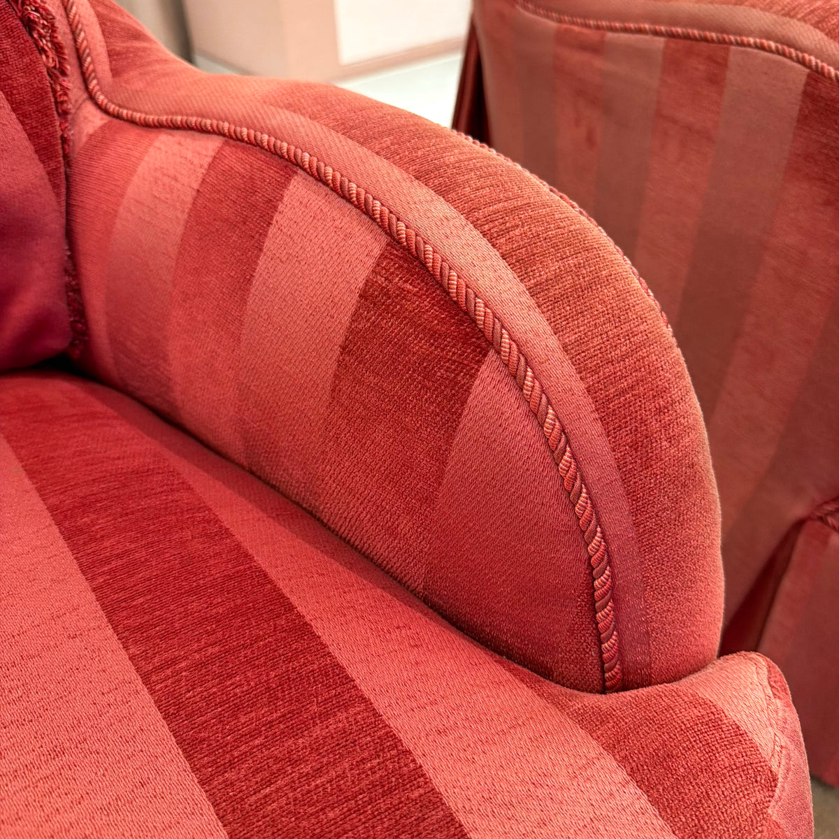 Vintage Raspberry Red Regency Style Striped Lounge Armchair by Lexington Furniture /item