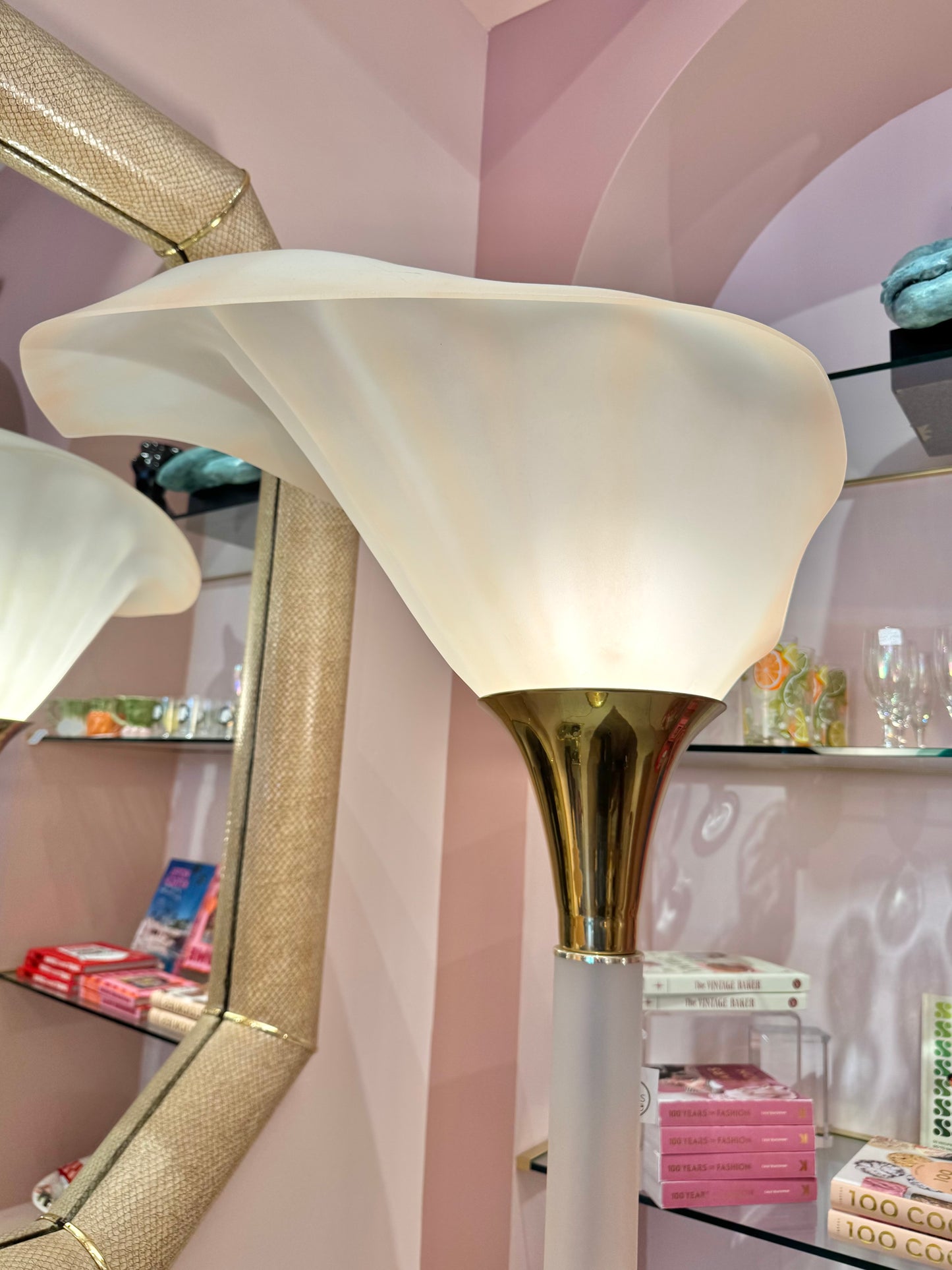 Vintage Pink Lucite Floor Lamp with Large Calla Lily Flower Shade