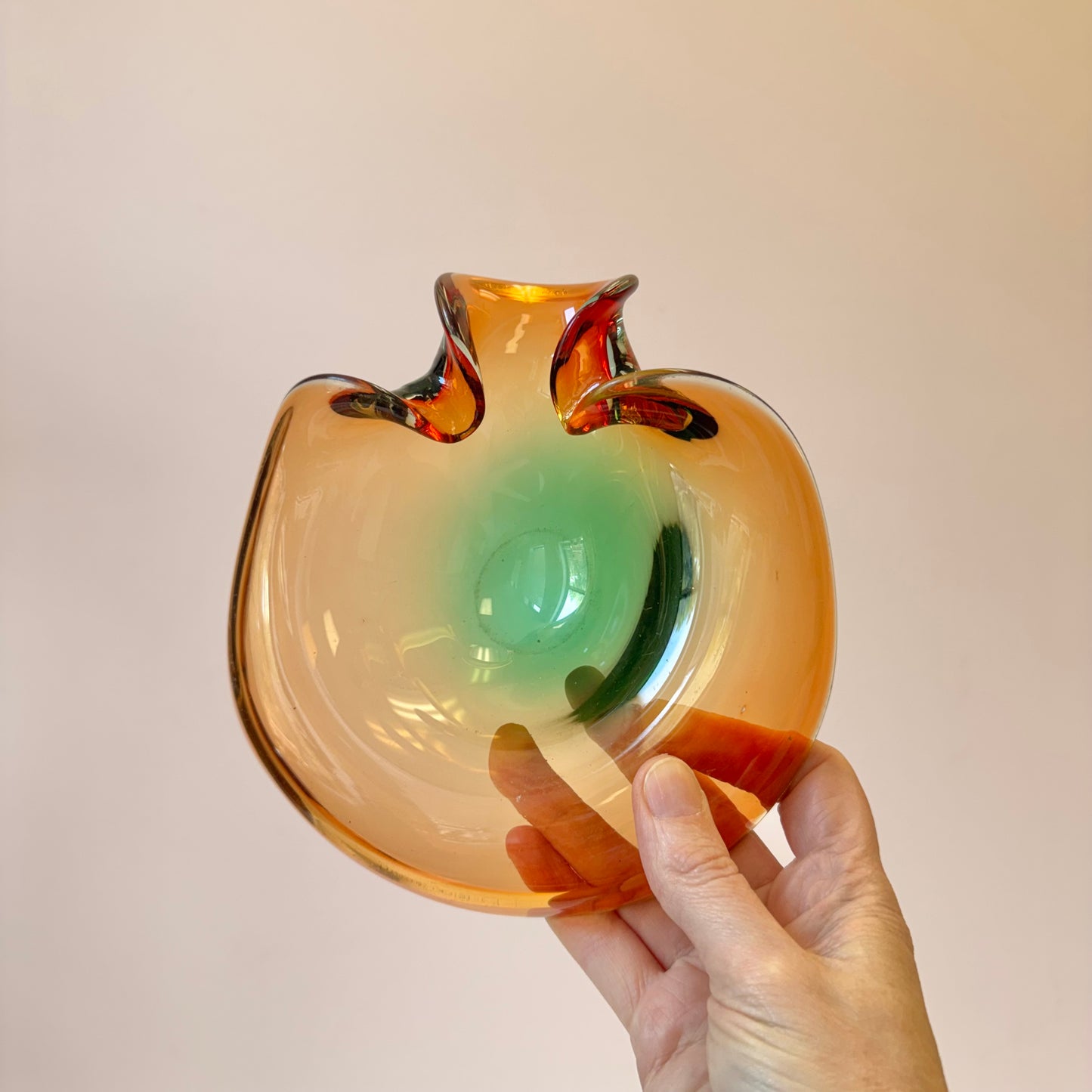 Vintage Murano Glass Style Curled Edge Green and Orange Sommerso Catchall Bowl