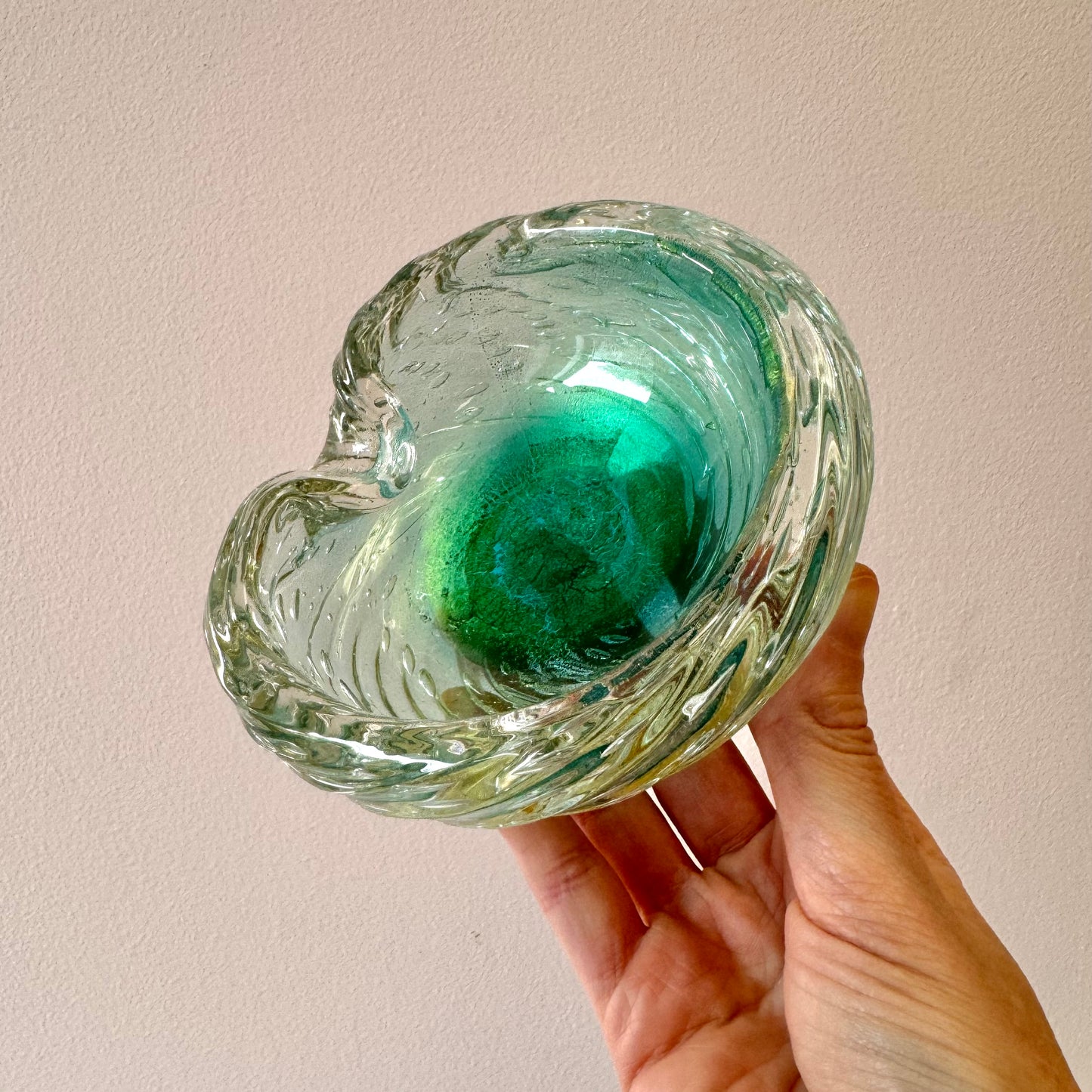 Chunky Vintage Aqua Green and Gold Leaf Murano Glass Ashtray/Bowl