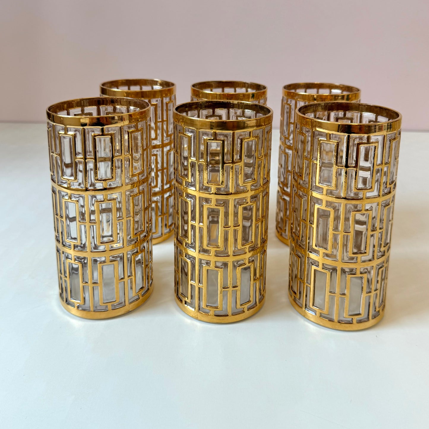 Vintage Set of 6 Imperial Glass Company Highball Glasses in the Gold Shoji Pattern